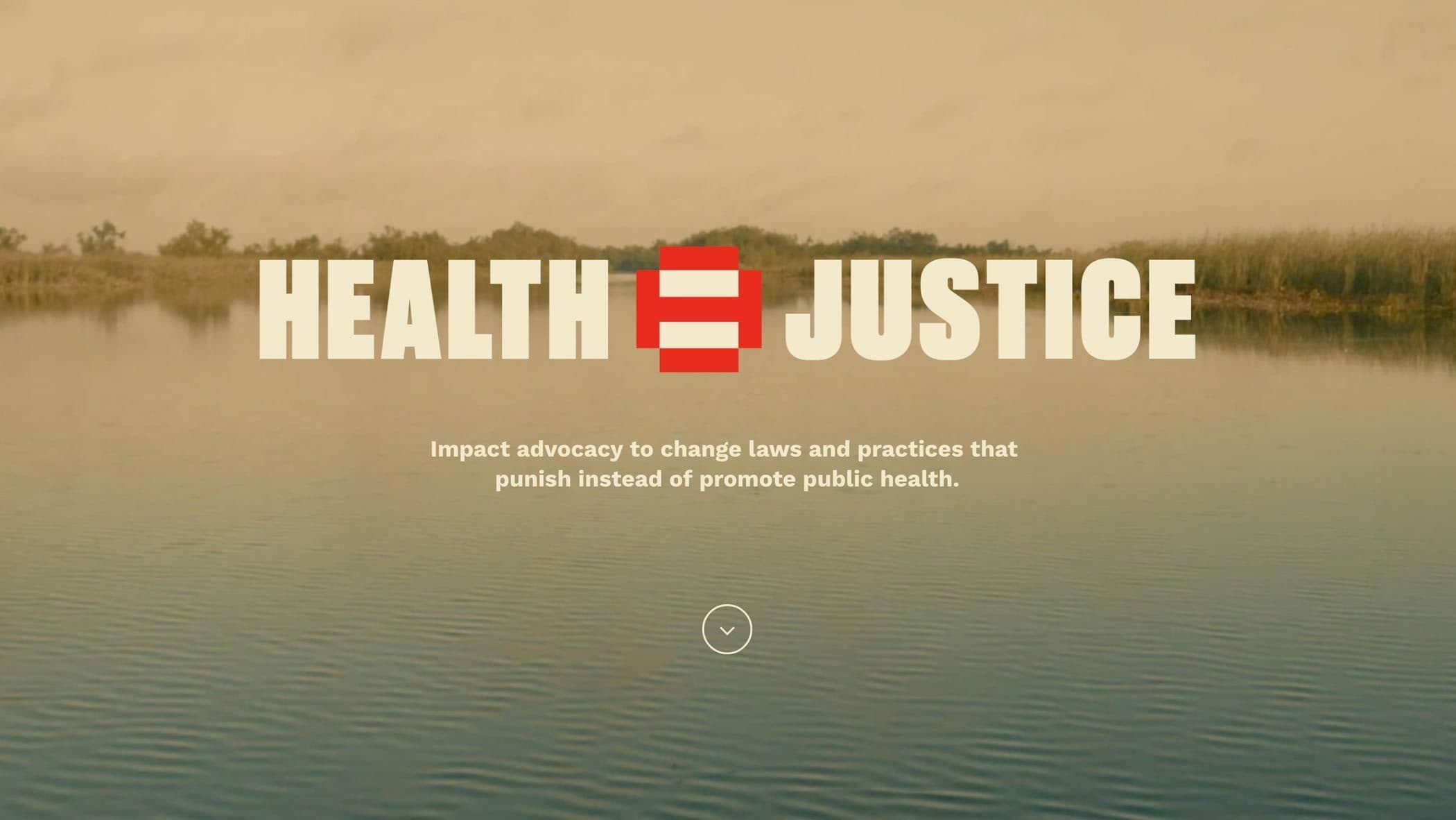 A calm body of water with a distant foggy shoreline forms the background for the bold text "HEALTH = JUSTICE" in the foreground. Below, smaller text reads: "Impact advocacy to change laws and practices that punish instead of promote public health.