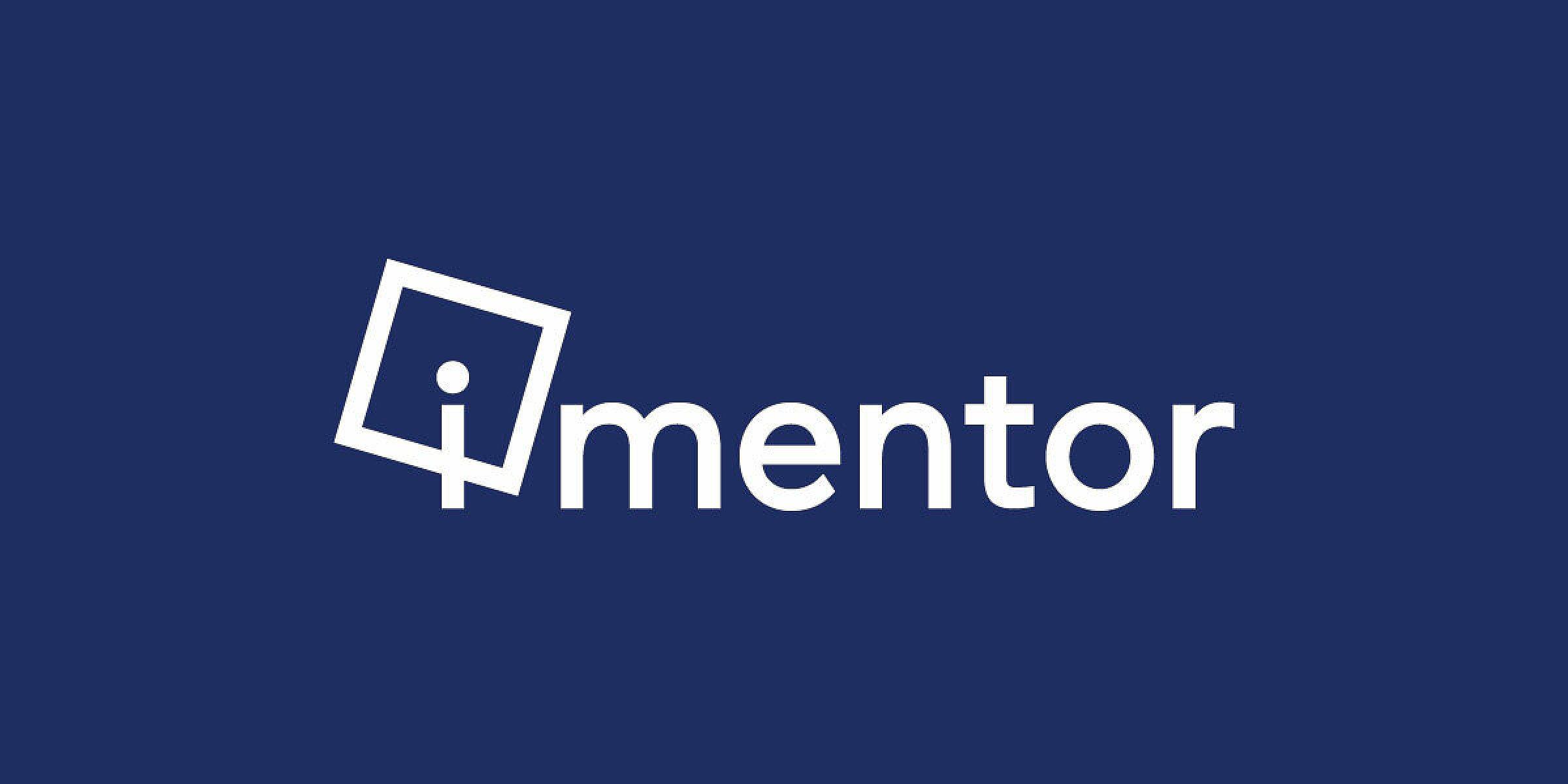 The image shows the iMentor logo. It features the word "iMentor" in white text on a dark blue background. The letter "i" is stylized with a tilted square framing the dot above it.