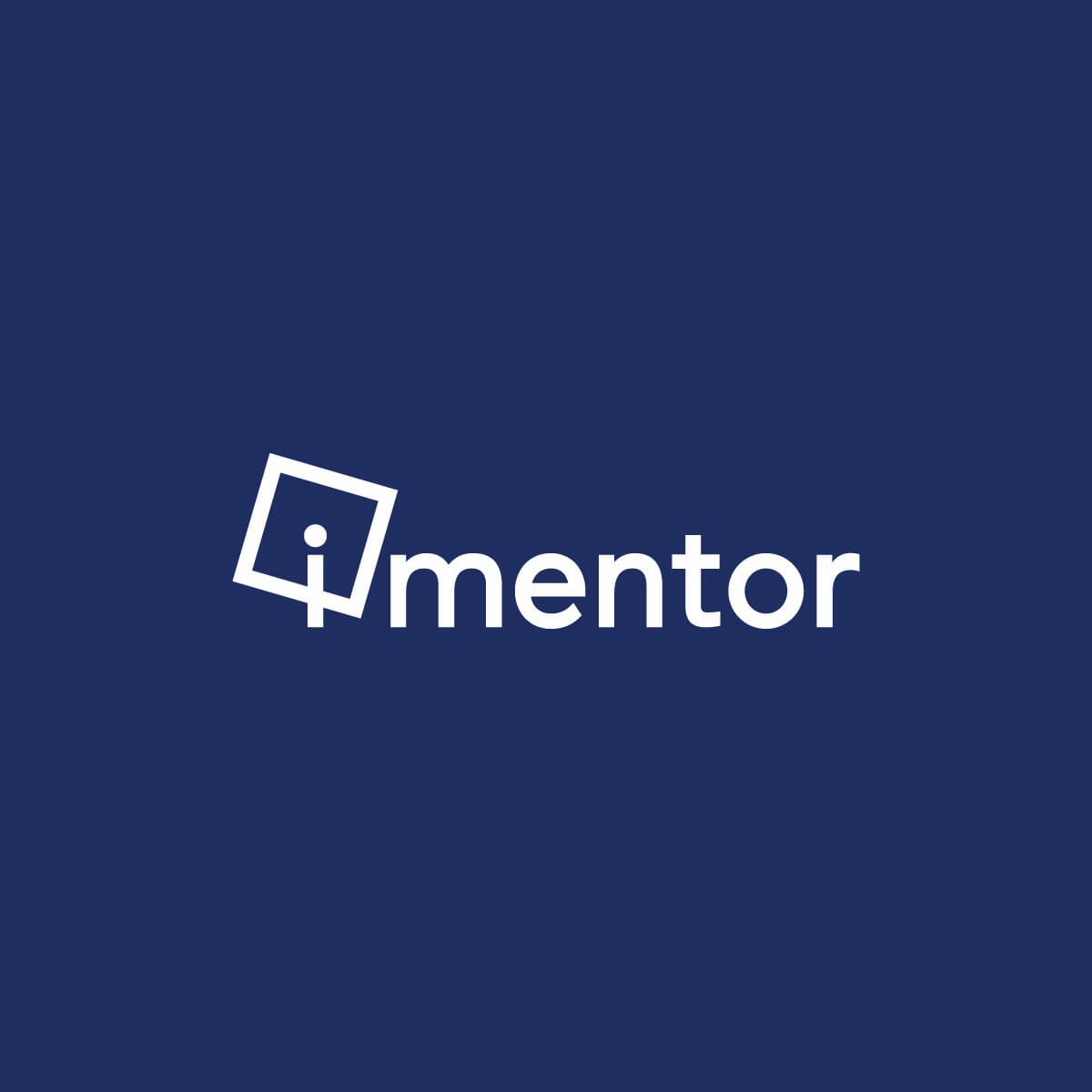 The image shows the iMentor logo. It features the word "iMentor" in white text on a dark blue background. The letter "i" is stylized with a tilted square framing the dot above it.