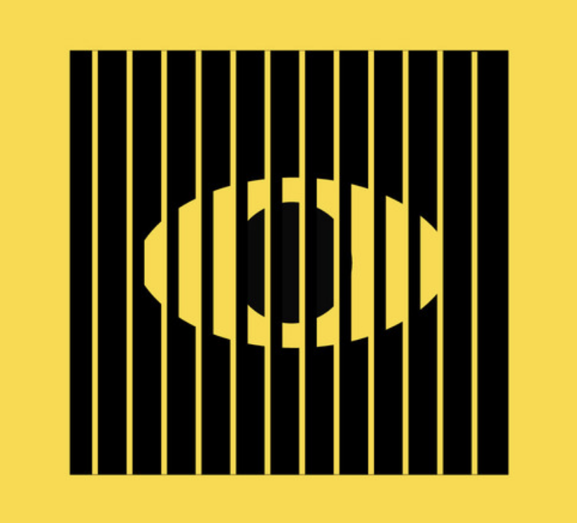 An abstract image featuring a central black and yellow eye design, surrounded by vertical black stripes on a yellow background. The eye appears to be peeking through the stripes, creating an illusion of depth.