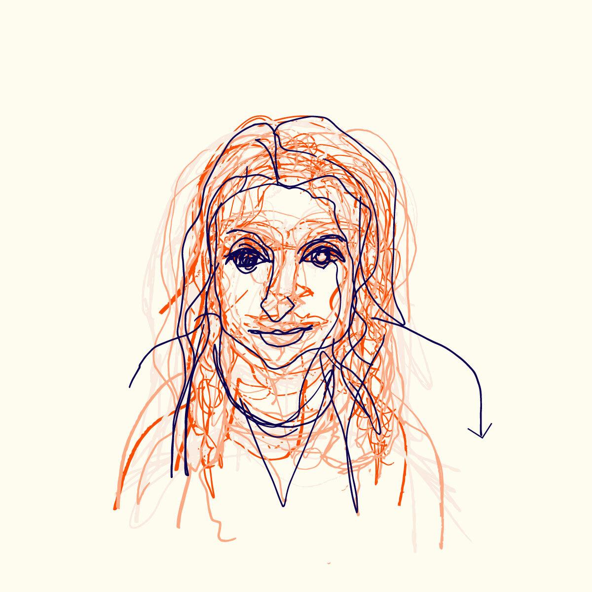 A stylized sketch of a woman’s face. The drawing is composed of overlapping orange and blue lines, giving the portrait a dynamic and abstract appearance. The woman has long hair, prominent eyes, and a subtle smile. The background is a plain, light color.