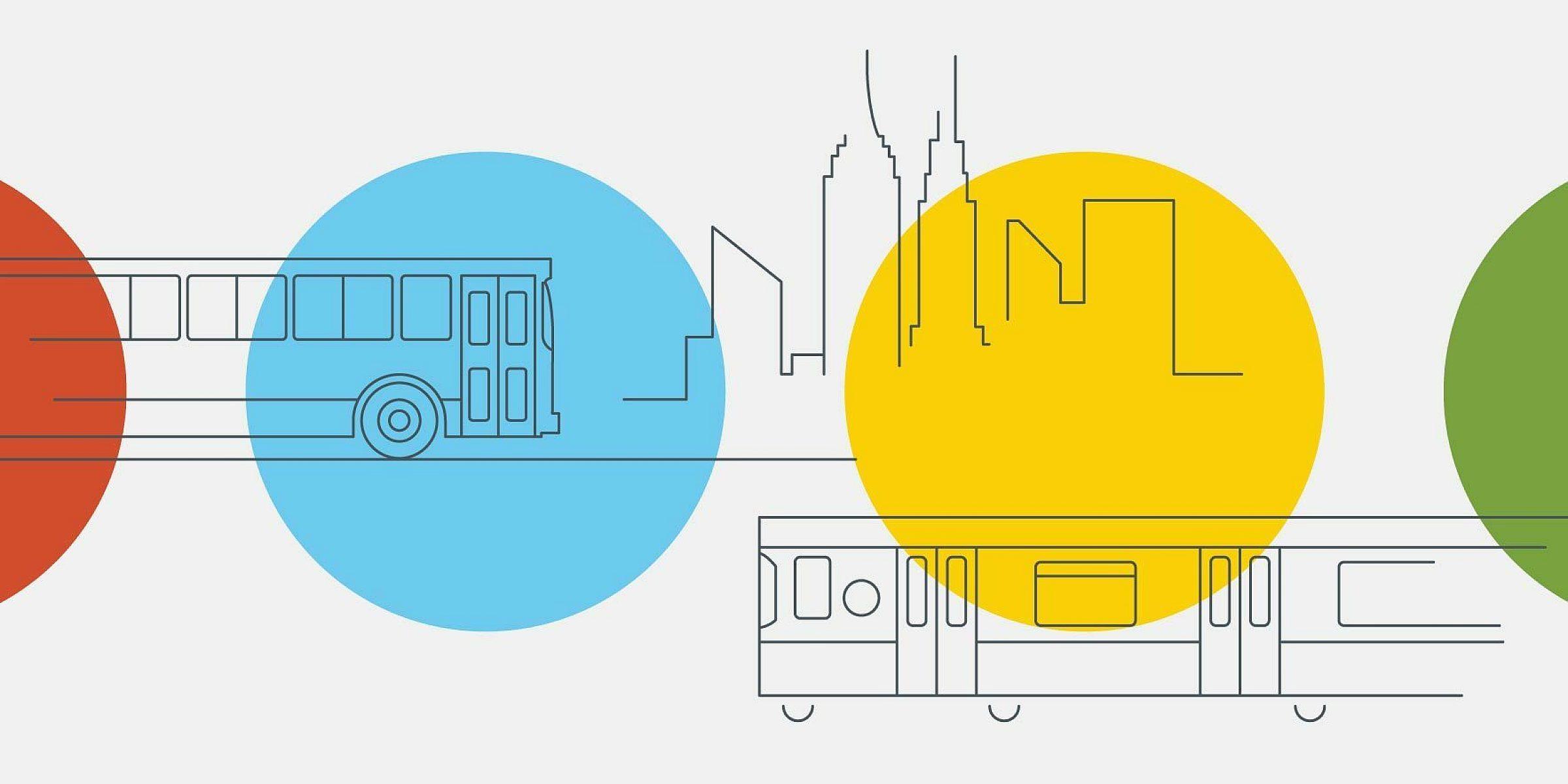 An abstract illustration featuring simple line drawings of a bus and a train, with minimalistic outlines of skyscrapers in the background. The scene is accentuated by large, colorful circles in red, blue, yellow, and green behind the elements.