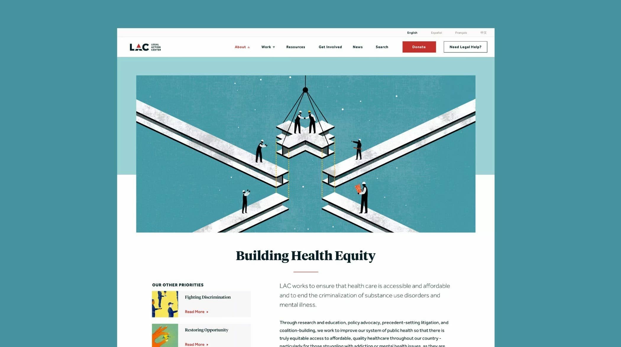 Illustration of five people on intersecting pathways, with one person receiving assistance to cross a gap via a crane. Text at the bottom reads, "Building Health Equity," and the sidebar highlights initiatives like fighting criminalization and expanding treatment.