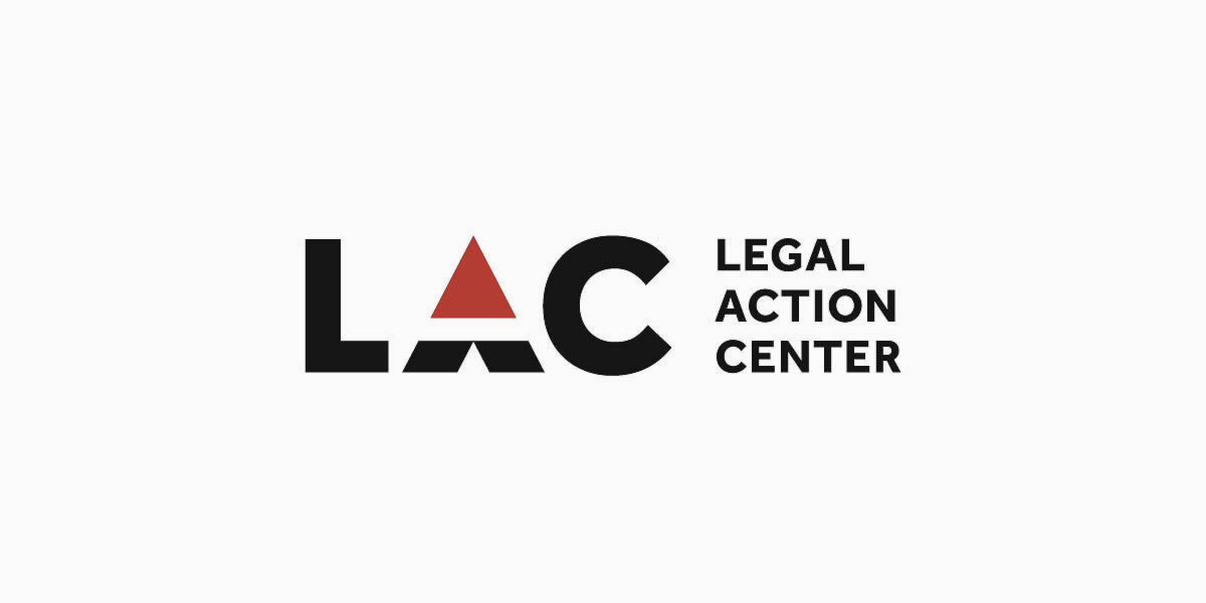 The image shows the logo for the Legal Action Center. It features the acronym "LAC" in bold black letters, with the "A" represented by a red triangle. To the right of the acronym, the words "LEGAL ACTION CENTER" are written in black capital letters.