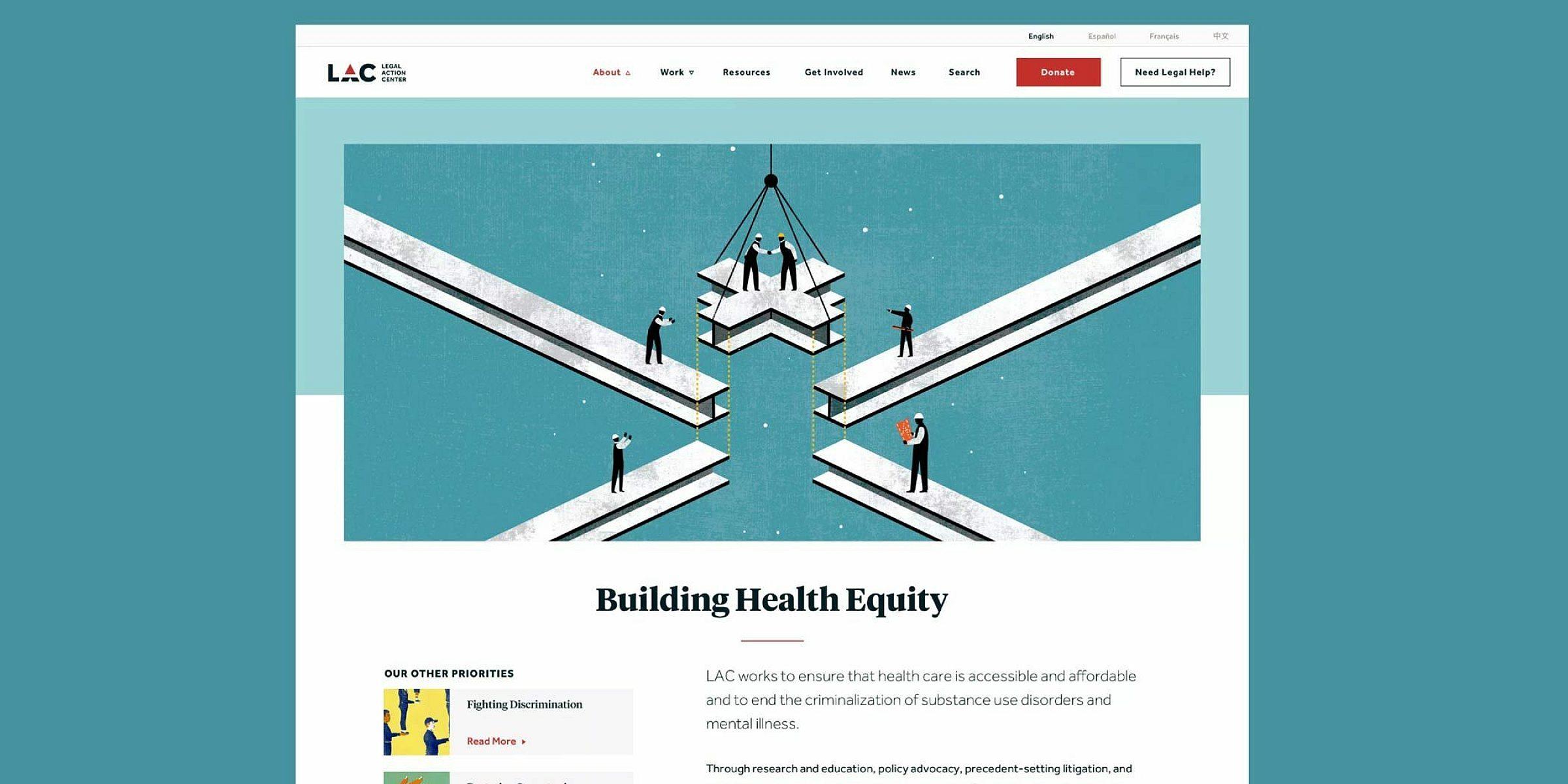 Illustration of five people on intersecting pathways, with one person receiving assistance to cross a gap via a crane. Text at the bottom reads, "Building Health Equity," and the sidebar highlights initiatives like fighting criminalization and expanding treatment.