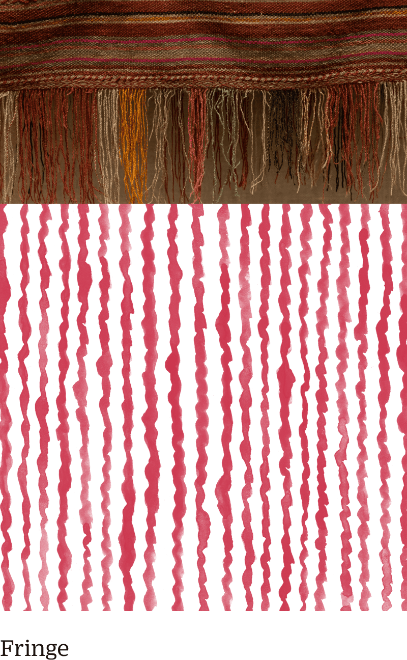 A close-up of a multicolored woven textile with hanging fringe in shades of brown, orange, and yellow. Below is a red and black abstract pattern resembling wavy vertical lines or streaks.