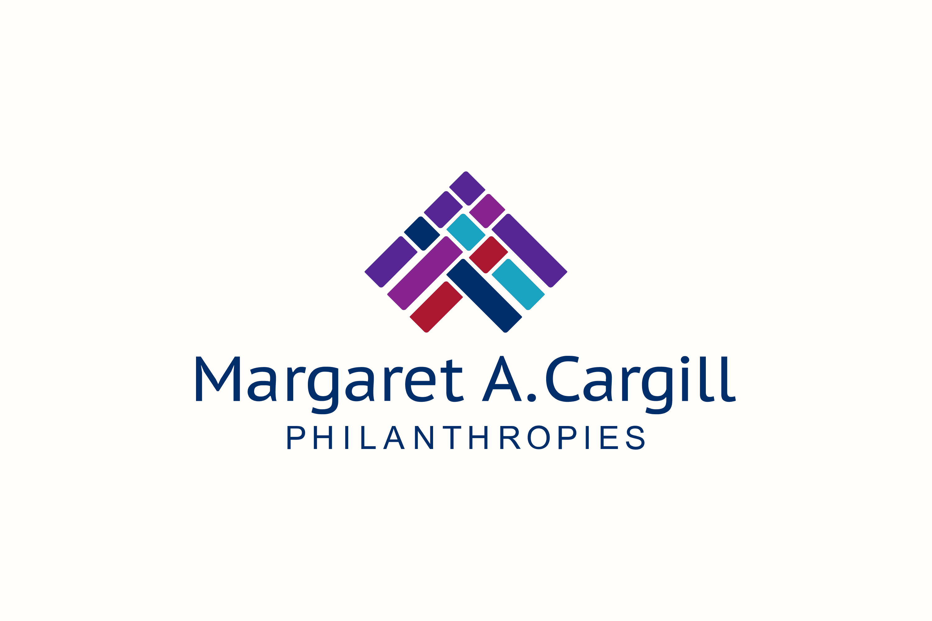 Logo of Margaret A. Cargill Philanthropies featuring a geometric design of overlapping colorful squares in purple, red, and blue above the name in bold text.