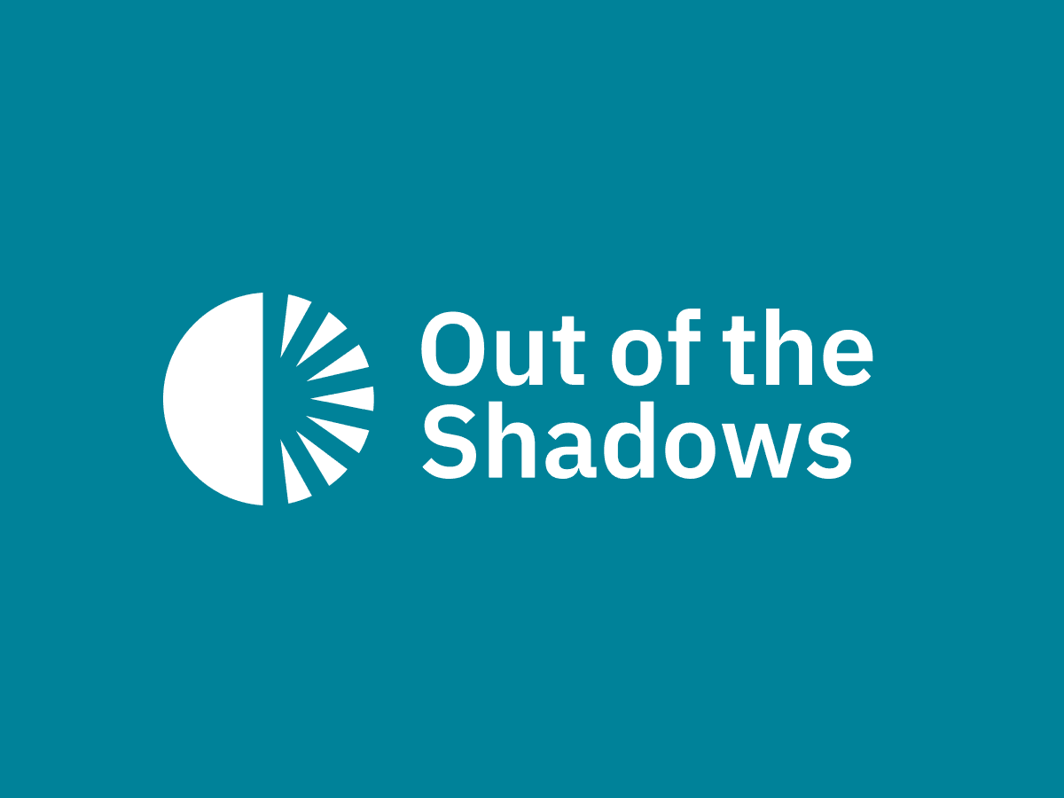 Teal background with a white circular design, resembling a rising sun, accompanied by the text "Out of the Shadows" in bold white letters.