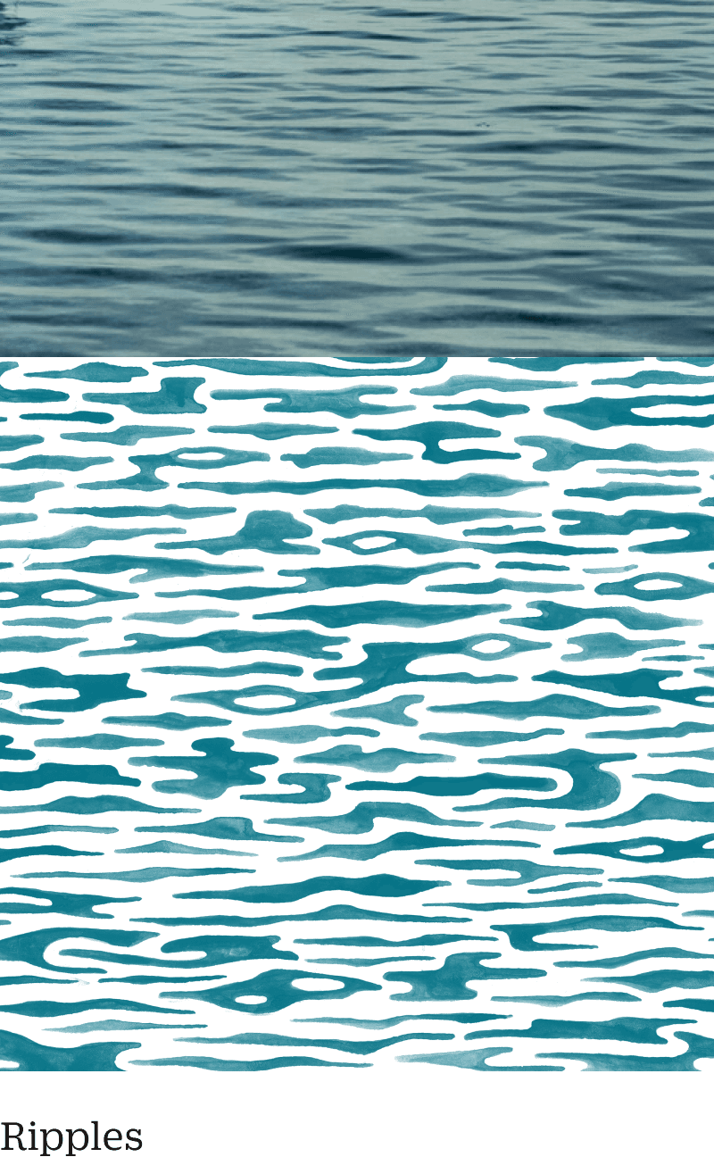 A serene water surface with gentle ripples near the top transitions into an artistic pattern of blue and black wavy lines below.