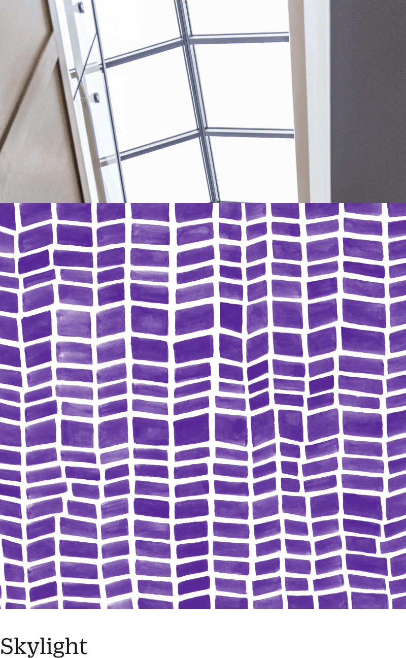 A modern architectural interior showing a slanted part of a white wall and a large skylight with a grid design. Below is a purple background with a black, irregular linear pattern.