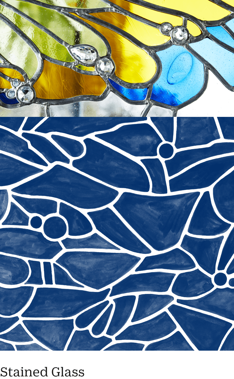 Close-up of a stained glass panel featuring a butterfly wing design. The top section displays vibrant hues of yellow, blue, and clear glass with decorative glass beads. The bottom section is a pattern of blue abstract shapes outlined in black.