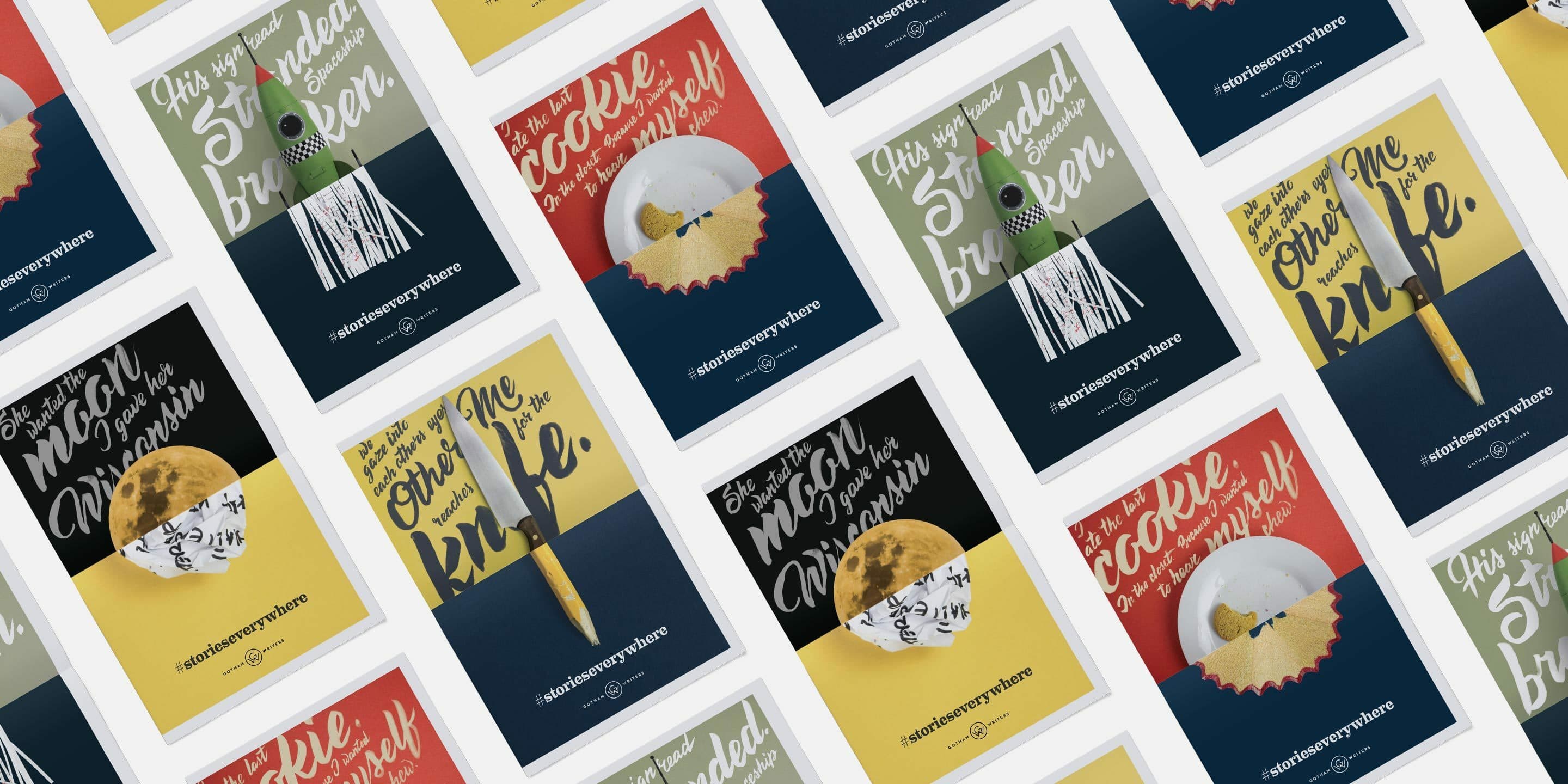 A grid of various motivational posters with inspirational quotes and geometric designs. Words like "unleashed" and "sparkle" are visible. The background colors of the posters include yellow, red, blue, and green. The bottom of each poster has "#AdobeMAXTwentyThree.