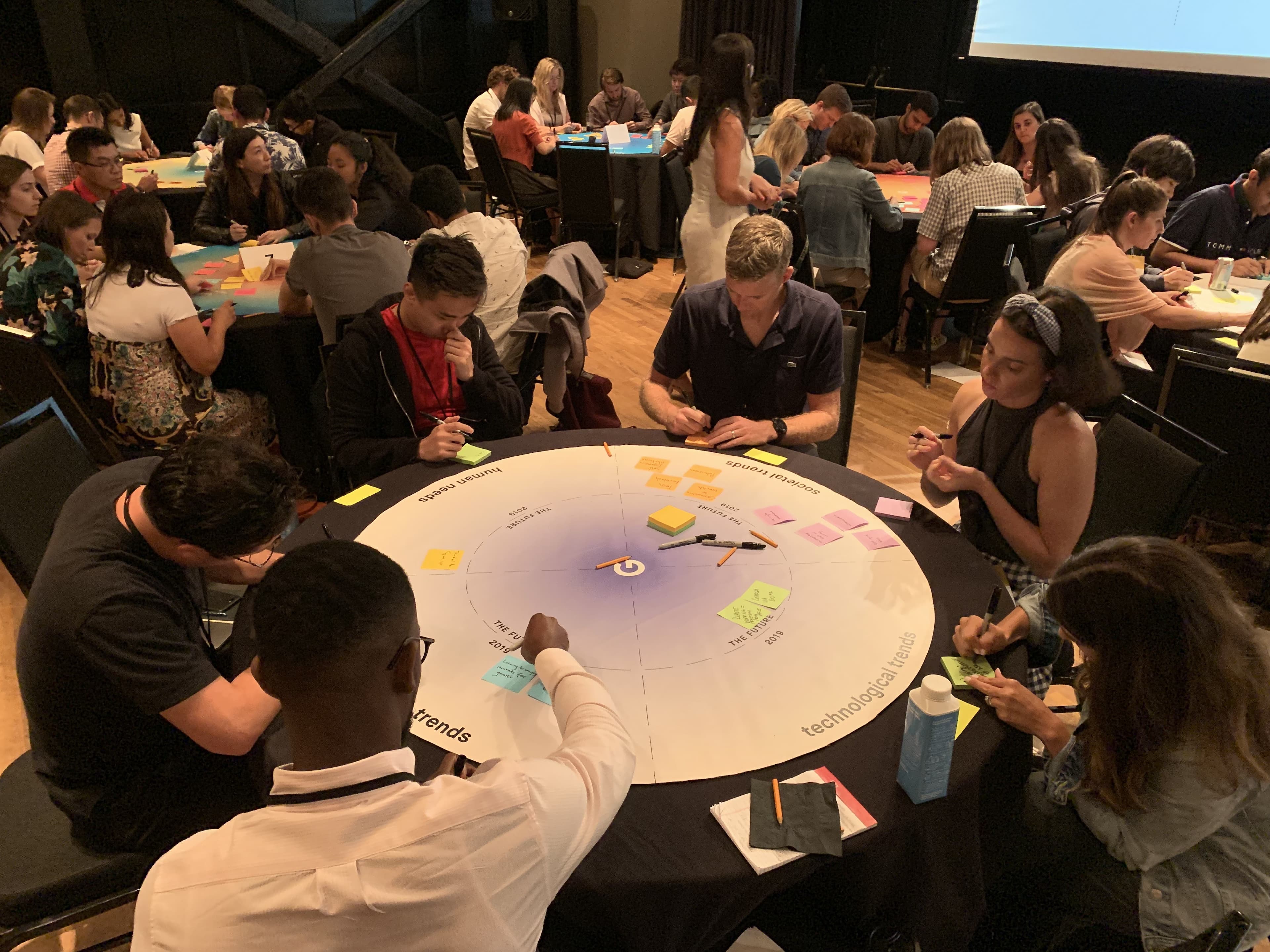 A group of people sits around a large circular table with various colored sticky notes. They are actively writing on the notes and placing them on the table. Other groups can be seen at similar tables around the room, indicating a collaborative workshop or brainstorming session.