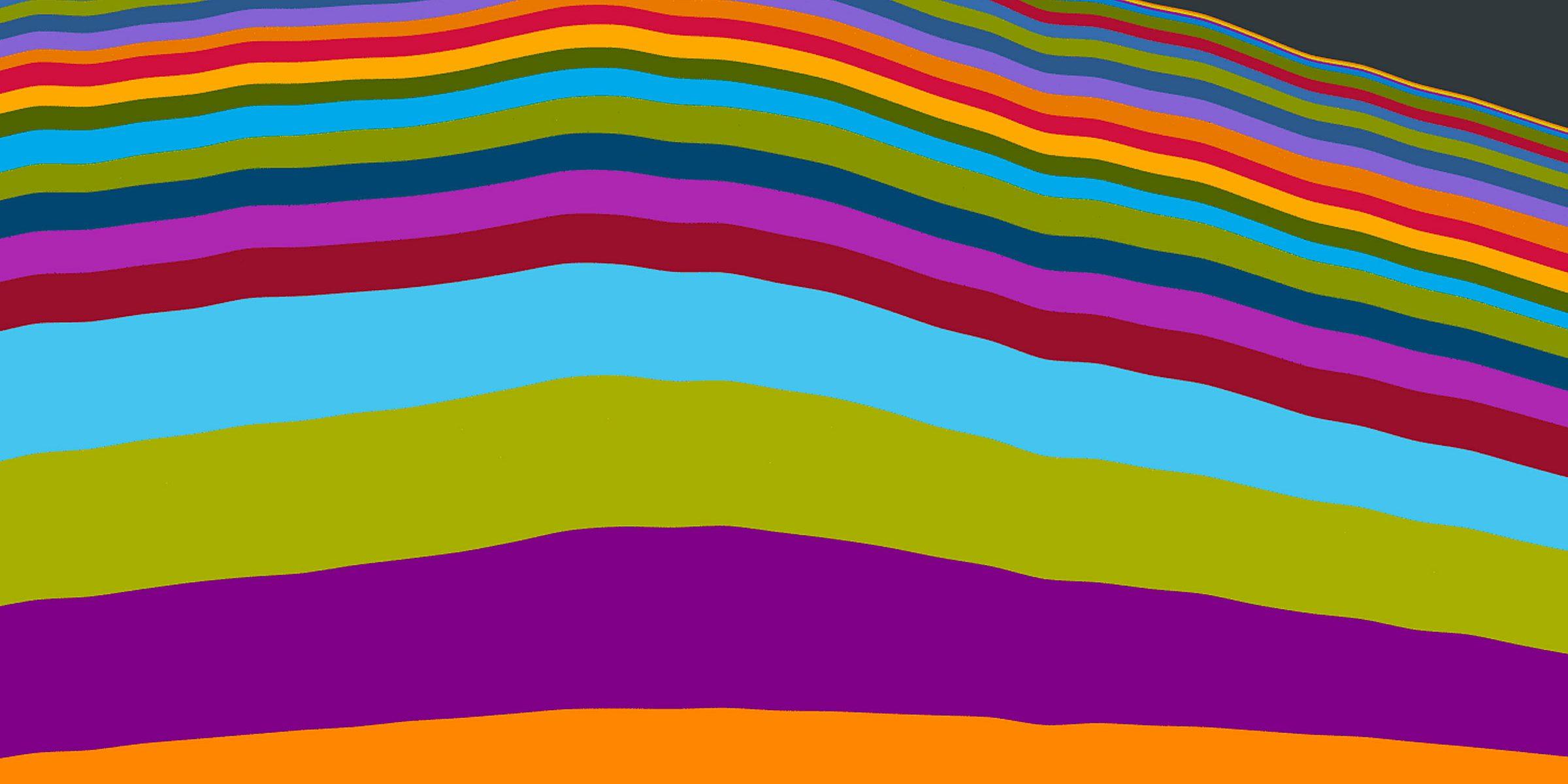 An abstract digital artwork featuring wavy, layered ribbons of various colors including orange, purple, green, blue, and red, set against a dark gray background. The colorful bands create a dynamic, undulating pattern that resembles a topographic map.