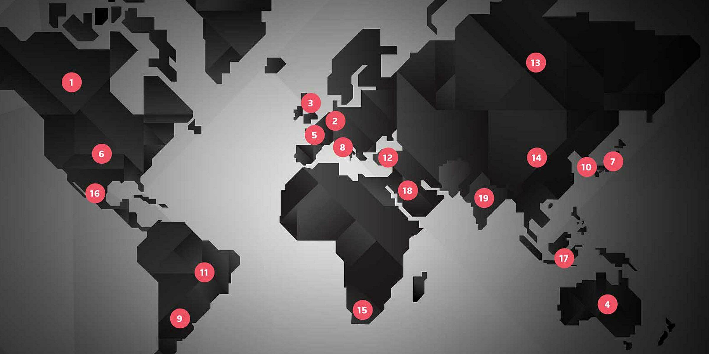 A grayscale world map with various countries identified by red numbered markers. Locations with markers include parts of North and South America, Europe, Africa, Asia, and Australia. Numbers range from 1 to 19, spread across different continents.