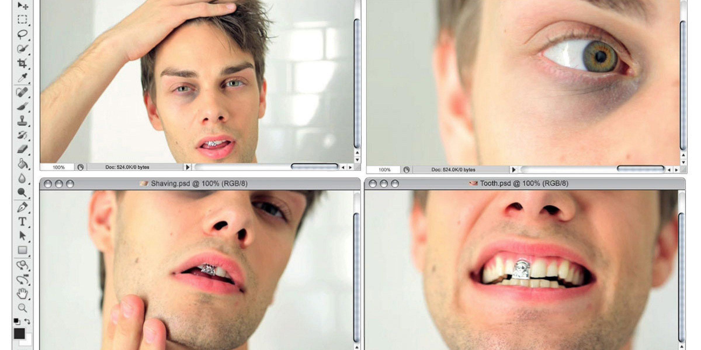 A composite image showing four photo-editing windows open on a computer screen. Each window features a close-up of a man's face with different issues: messy hair, a black eye, stubble on his chin, and a tooth gap. The windows have editing tools and menus visible.