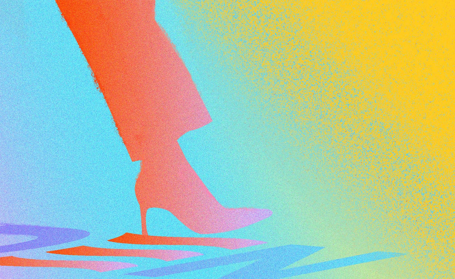 A colorful abstract image showing a person's lower leg and foot wearing a high-heeled shoe. The background features a gradient of blue, yellow, and green hues, and the leg casts a shadow with contrasting vivid colors.