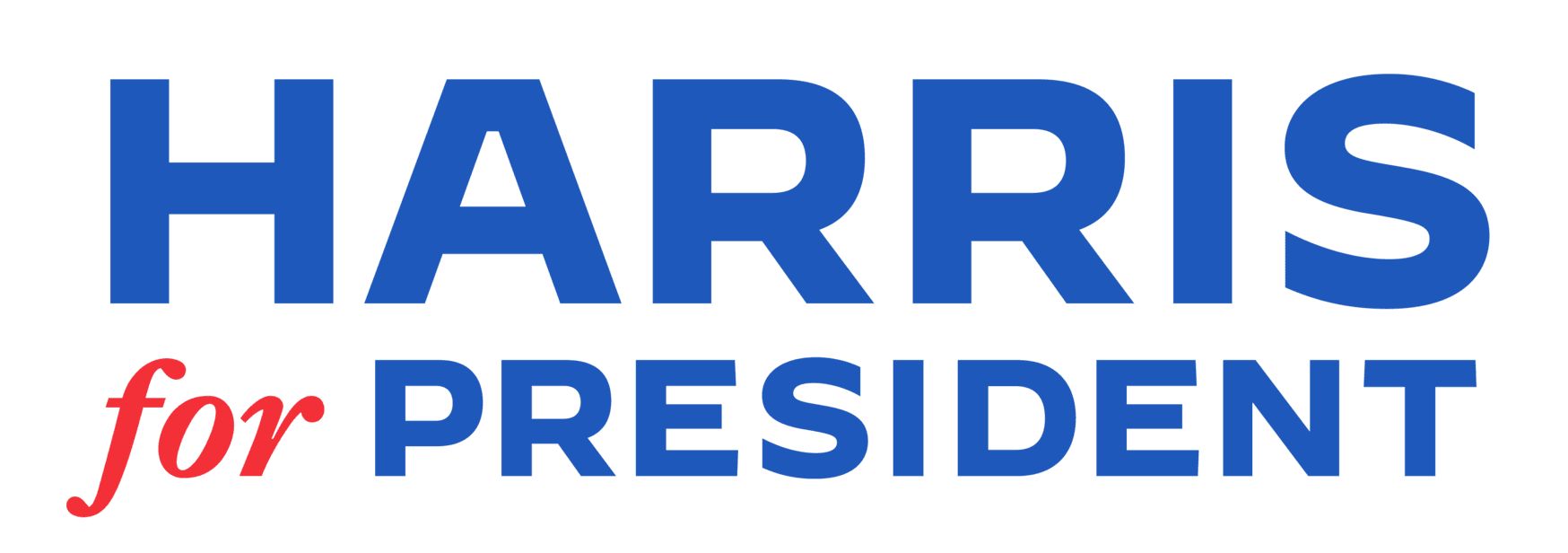 A campaign logo with the text "HARRIS for PRESIDENT." The word "HARRIS" is in large, bold blue letters, while "for" is in smaller, italicized red letters, and "PRESIDENT" is in bold blue letters. The text is set against a white background.