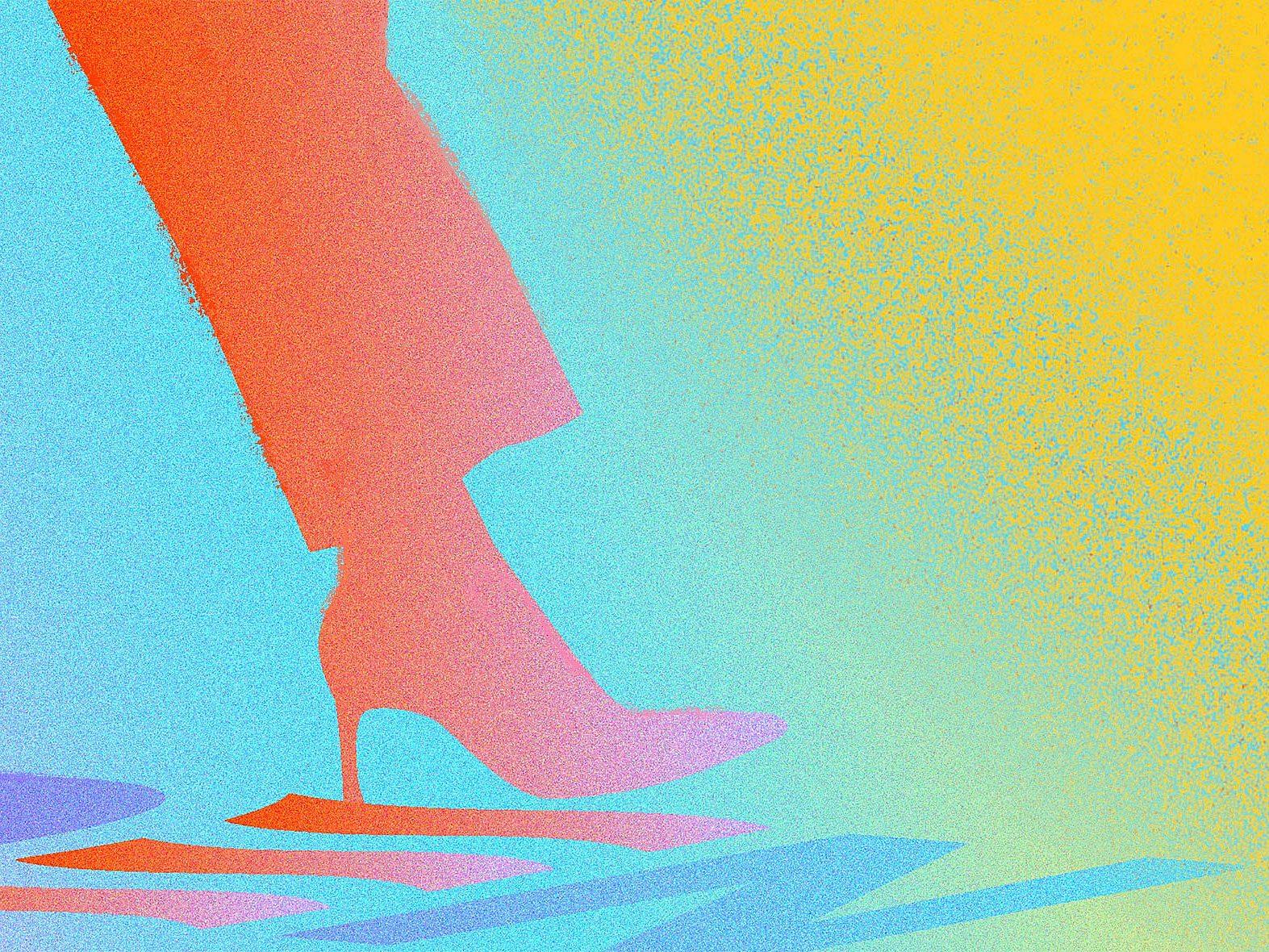A colorful abstract image showing a person's lower leg and foot wearing a high-heeled shoe. The background features a gradient of blue, yellow, and green hues, and the leg casts a shadow with contrasting vivid colors.