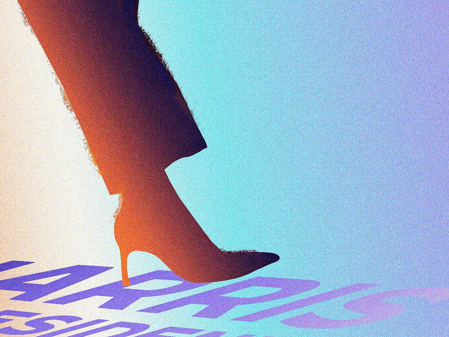 A stylized image shows a close-up of a woman's leg in a pantsuit and high-heeled shoe, stepping onto text that partially reads "HARRIS PRESIDENT." The background features a gradient of blue and purple hues.