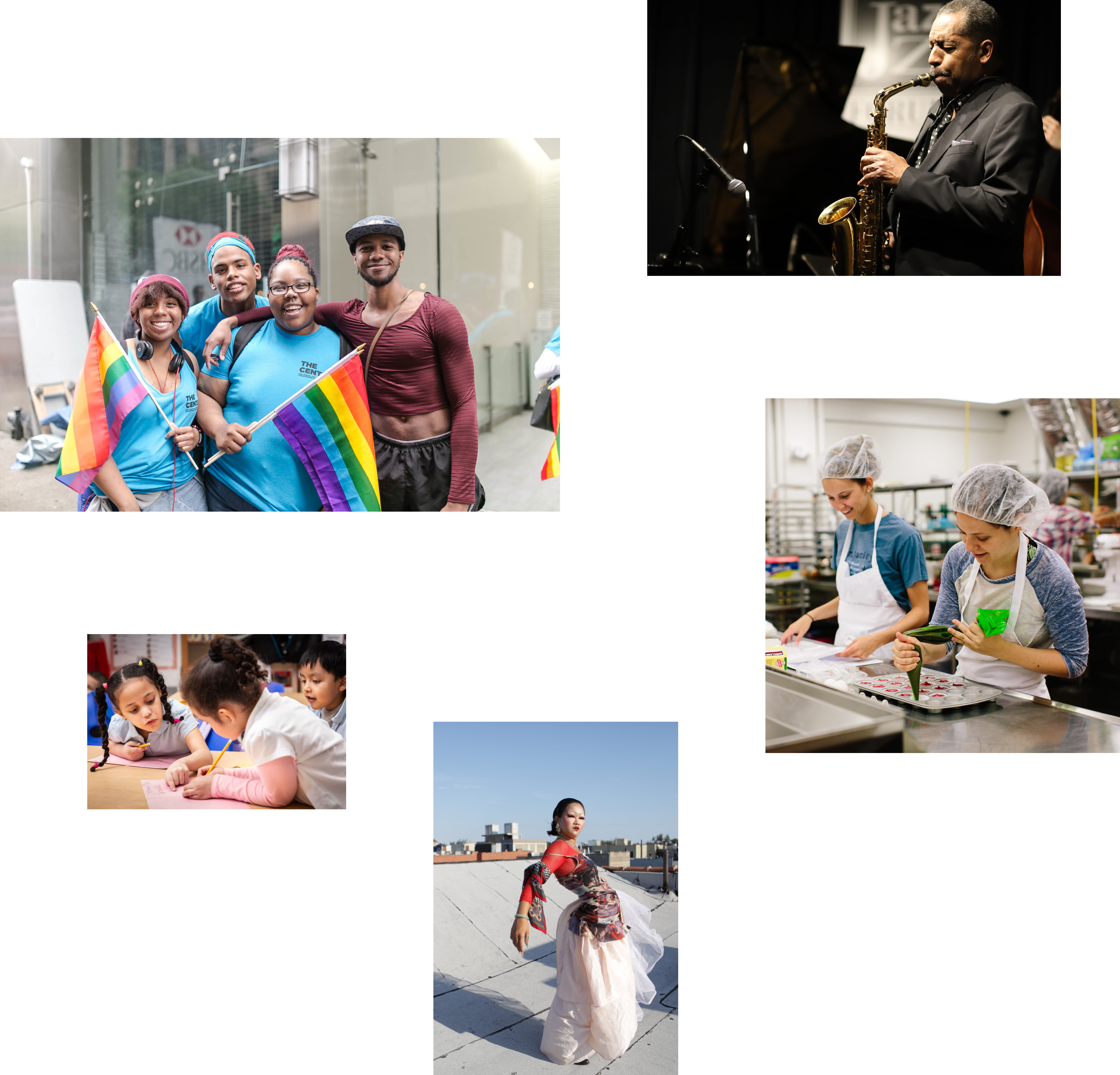 A collage with six images: group of people with rainbow flags, a musician playing the saxophone, people in kitchen uniforms preparing food, a person writing on paper with children, a person wearing a flowing outfit standing on a rooftop, and a person in a blue shirt and jeans.