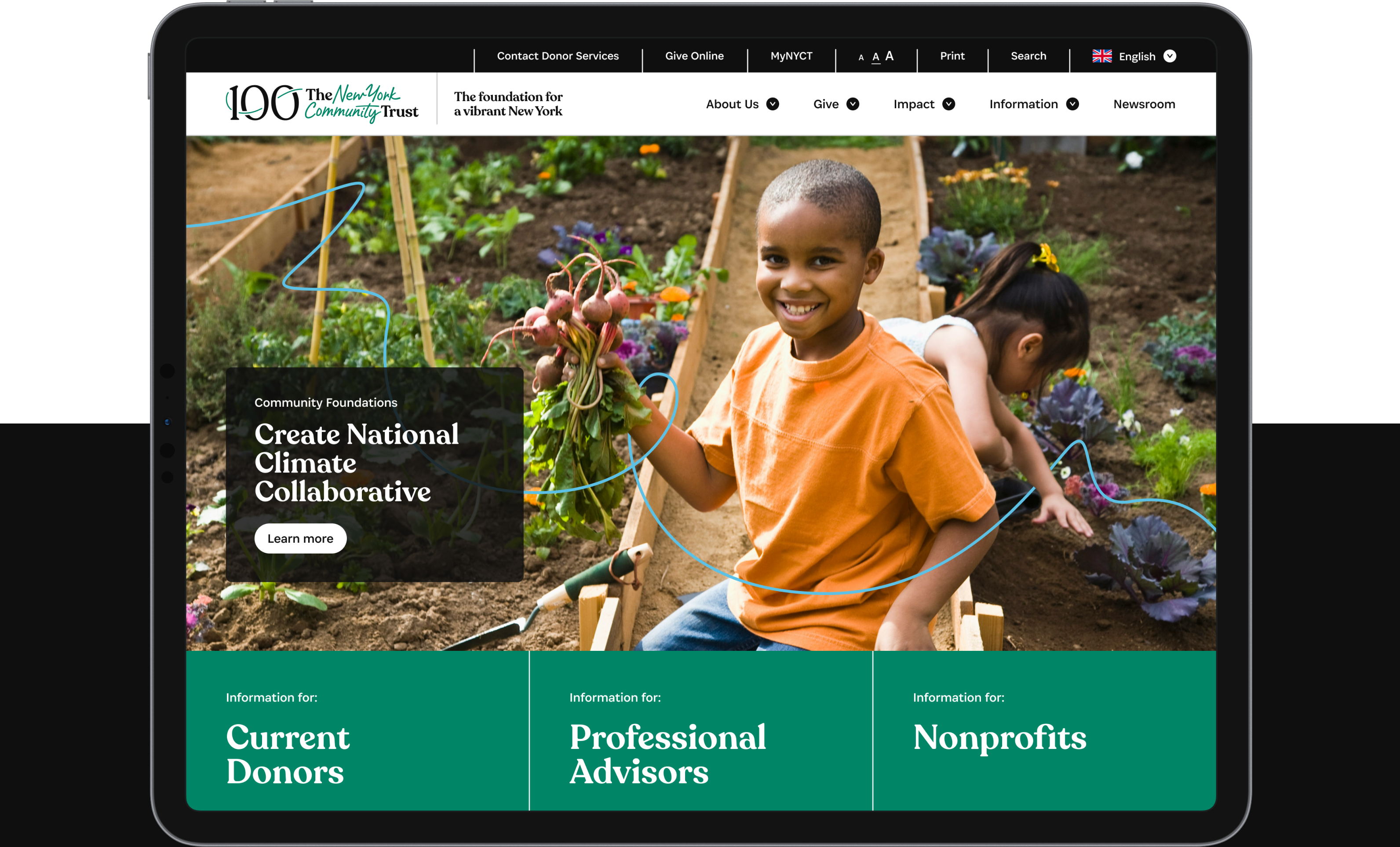 A screenshot of The New York Community Trust website showcasing children gardening. The screen features a header with the foundation's name and menu options. The main content highlights an initiative called "Create National Climate Collaborative" with buttons for more information.