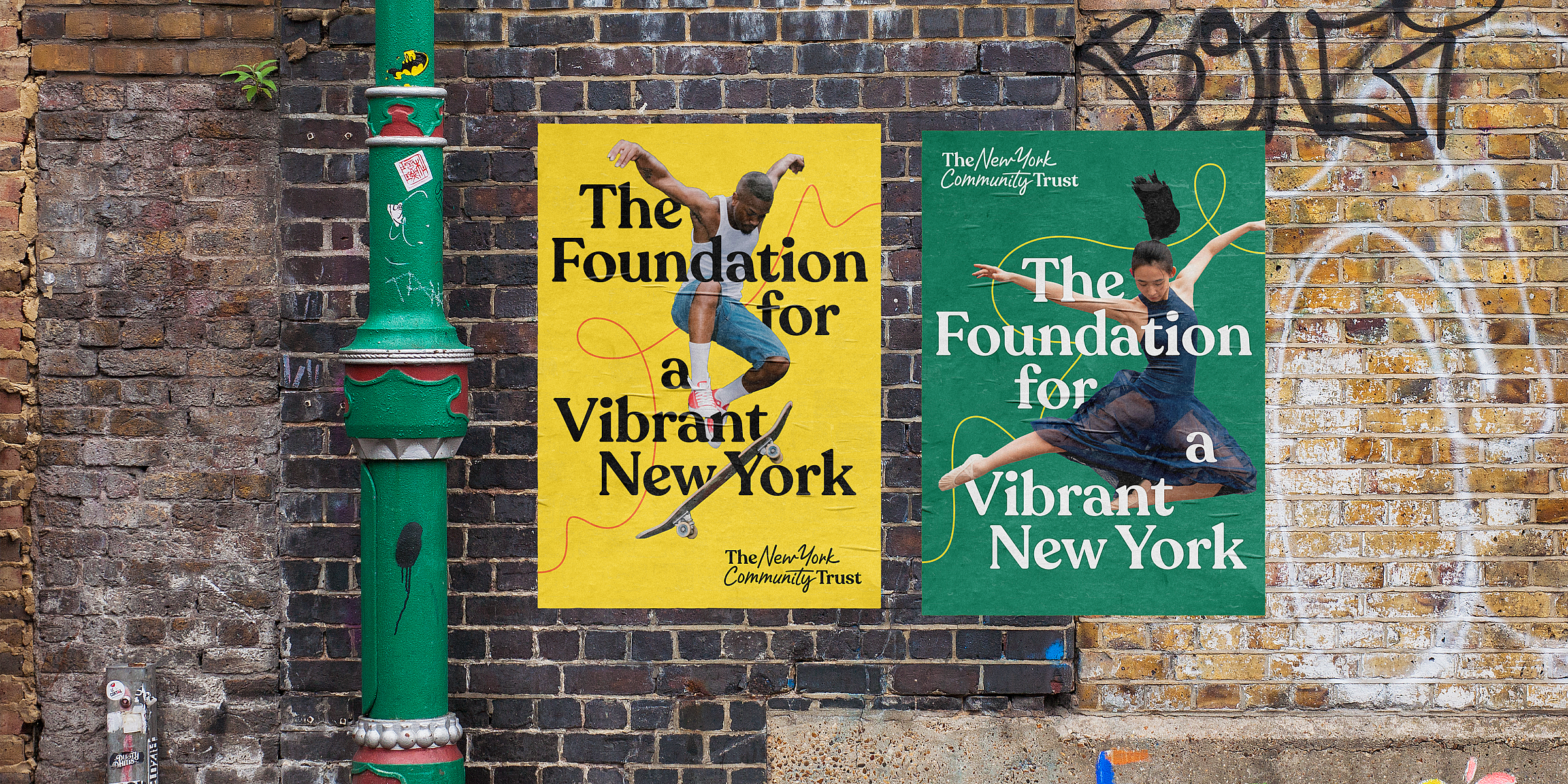 New York Community trust posters mocked up on a graffiti filled brick wall.