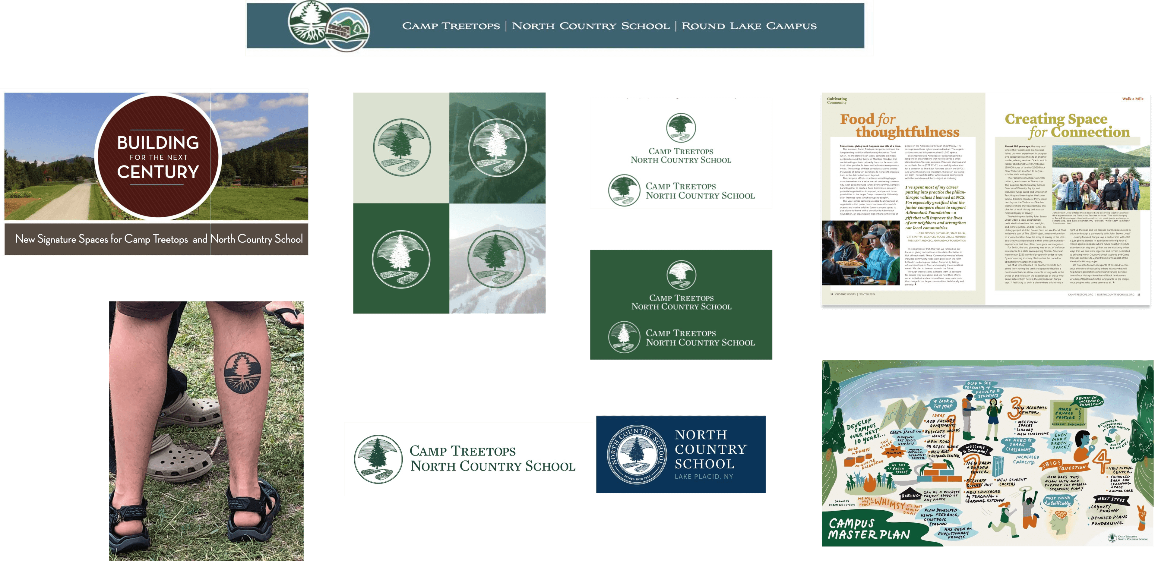 A collage of promotional materials for Camp Treetops and North Country School, including logos, brochures, and a person wearing a sandal with a printed logo sticker on their leg. The materials feature nature-themed designs and campus plans.