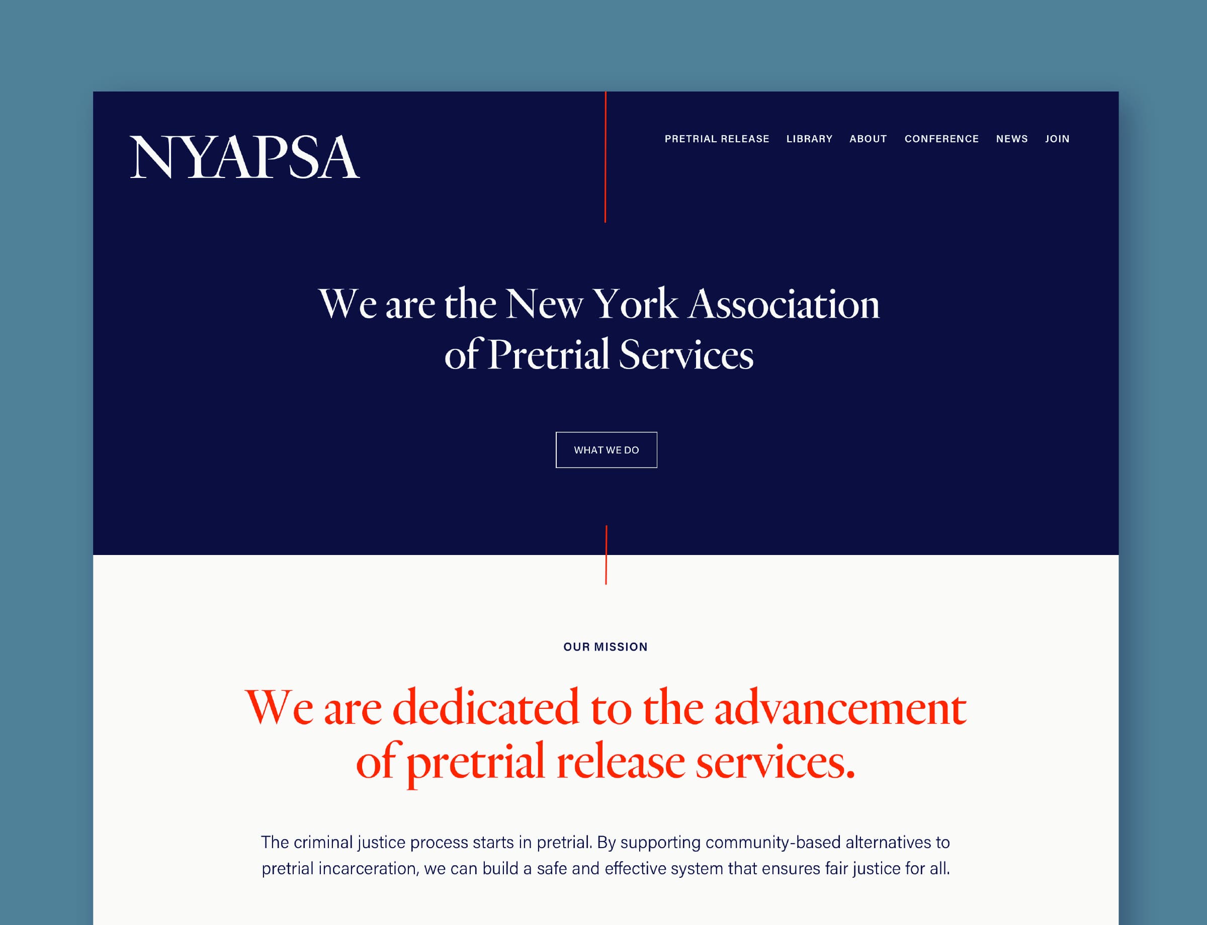 Website homepage for the New York Association of Pretrial Services (NYAPSA) with a navy blue header. The mission statement in red text says, "We are dedicated to the advancement of pretrial release services," along with additional information on their commitment.