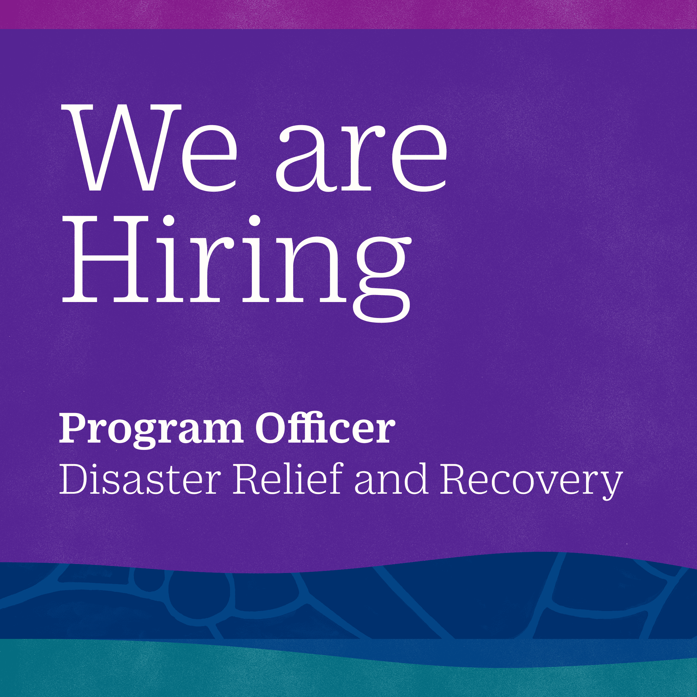 Purple and teal background with text: "We are Hiring. Program Officer. Disaster Relief and Recovery.