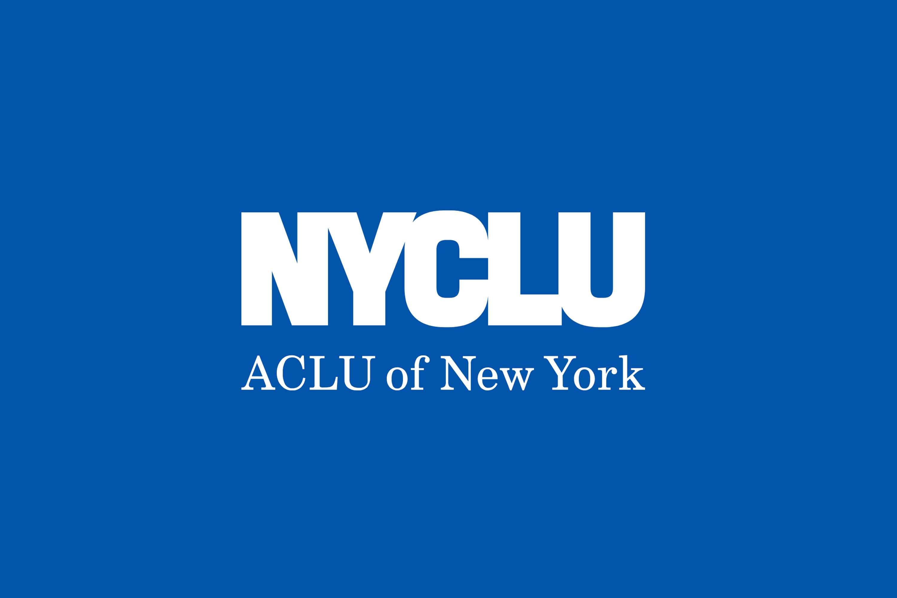 Blue background with the white text "NYCLU" in large, bold letters above smaller text "ACLU of New York.