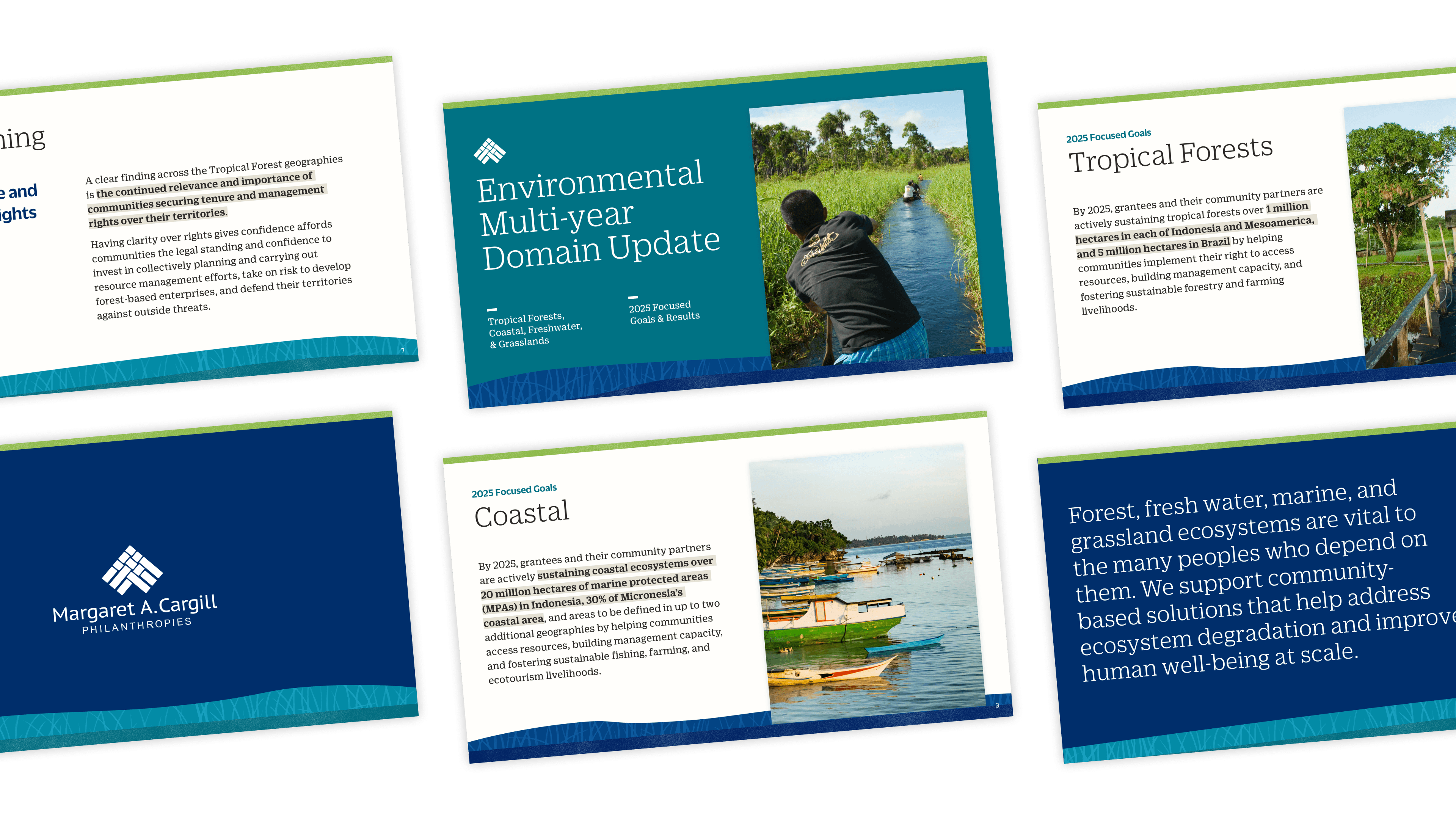 A collage of six images featuring report covers and pages. Themes include tropical forests, coastal environments, and ecosystem health. One cover displays the Margaret A. Cargill Philanthropies logo, and there are various landscapes and textual elements.