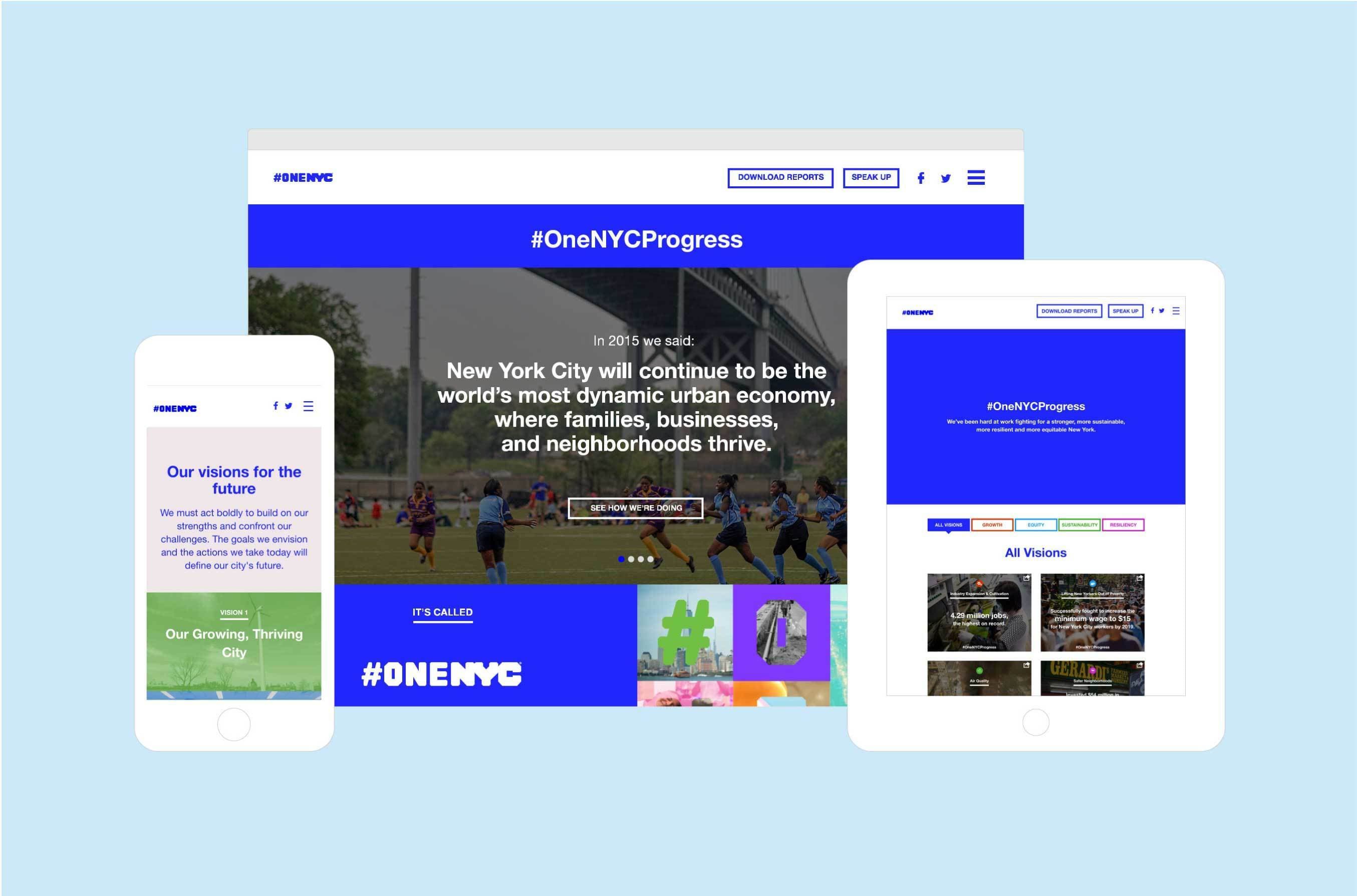 A responsive website showing #OneNYCProgress on three devices: a desktop monitor, a tablet, and a smartphone. The screen content includes text about New York City's economic vision for 2050, images of city life, and a navigation bar with links.