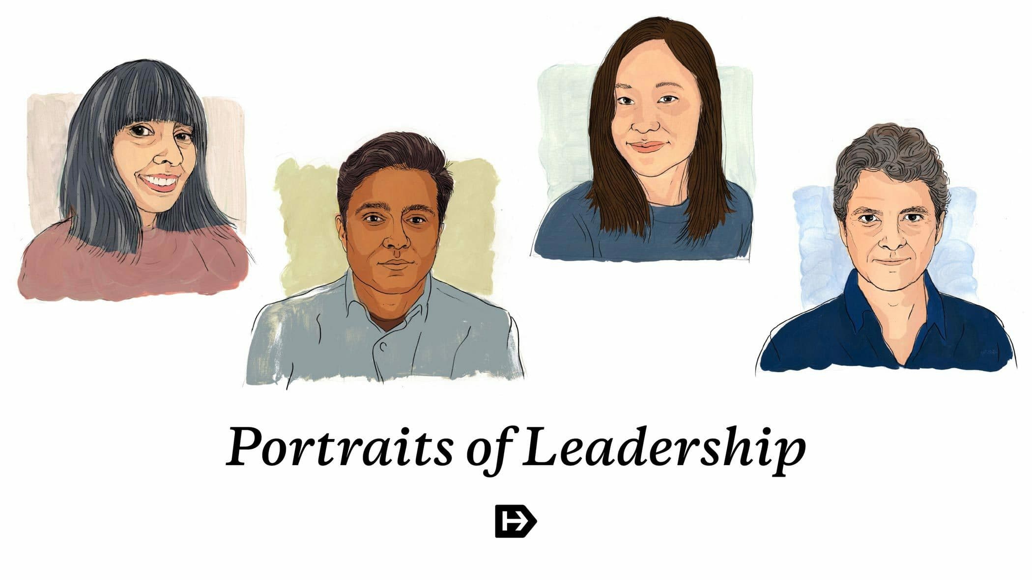 An illustrated image titled "Portraits of Leadership" depicts four diverse individuals. Each person is drawn in a unique style, with a neutral or pastel background behind them. At the bottom center of the image, there is a small logo below the text.