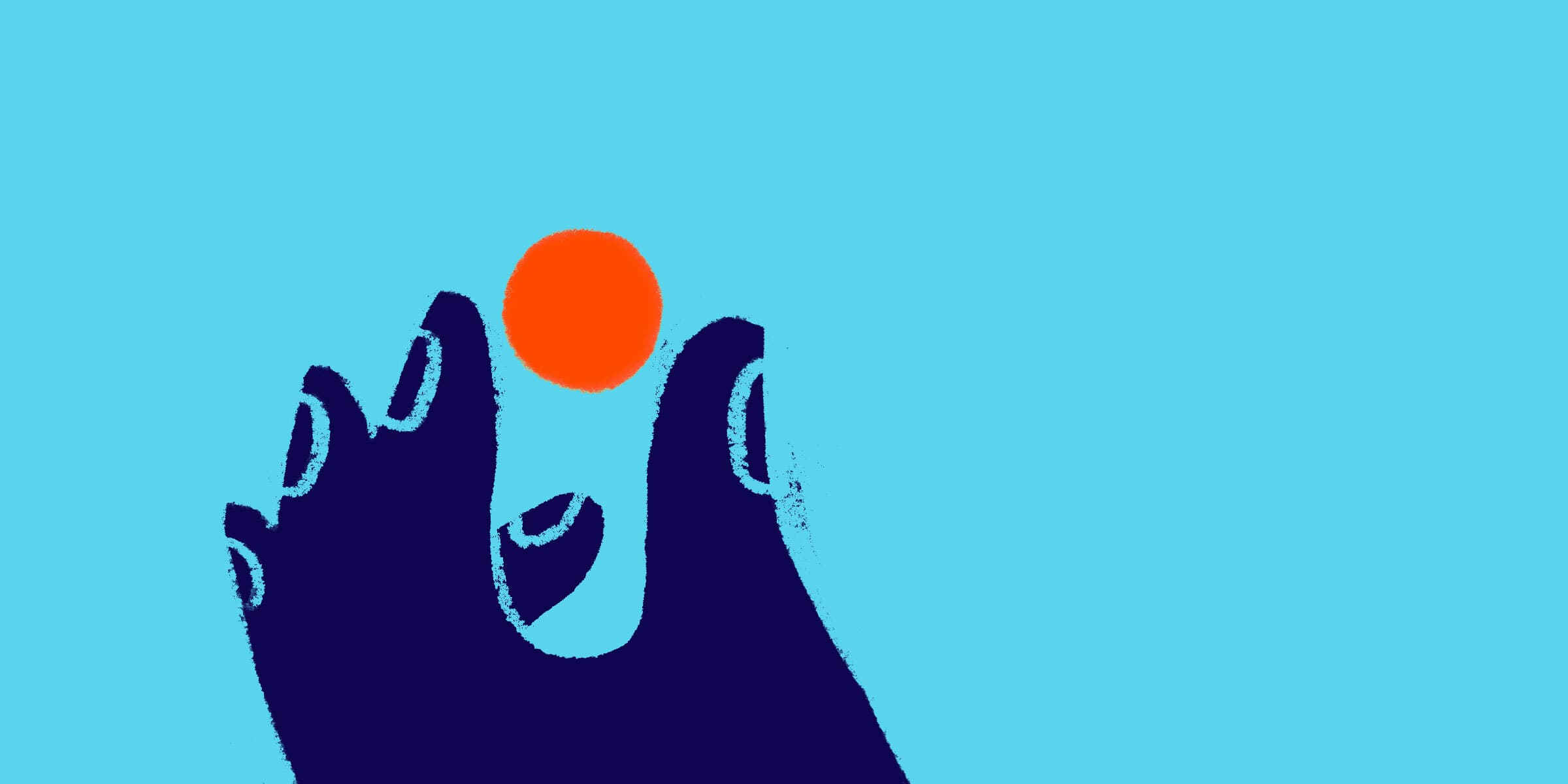 An abstract illustration of a hand with dark blue fingers holding an orange sphere against a light blue background. The simplicity and bold colors create a striking visual contrast.