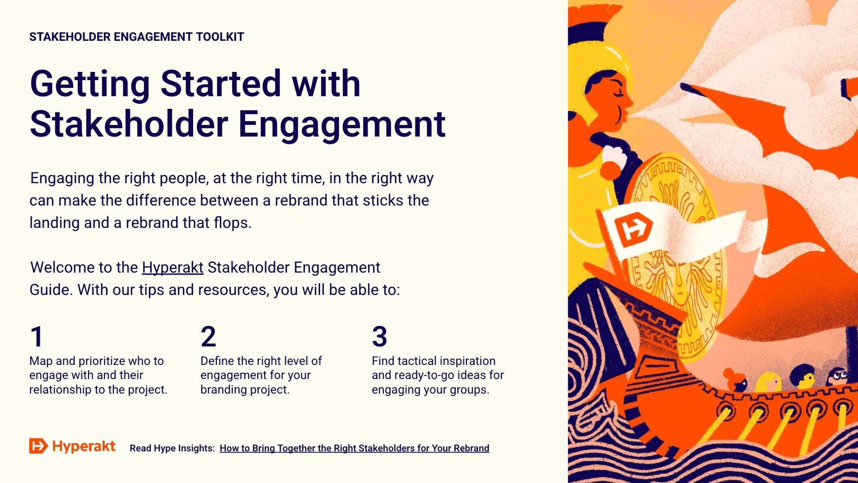 "Stakeholder Engagement Toolkit cover page titled 'Getting Started with Stakeholder Engagement.' The image includes a colorful illustration of people interacting on the right and text describing the guide's goals and steps, such as mapping relationships and finding inspiration.