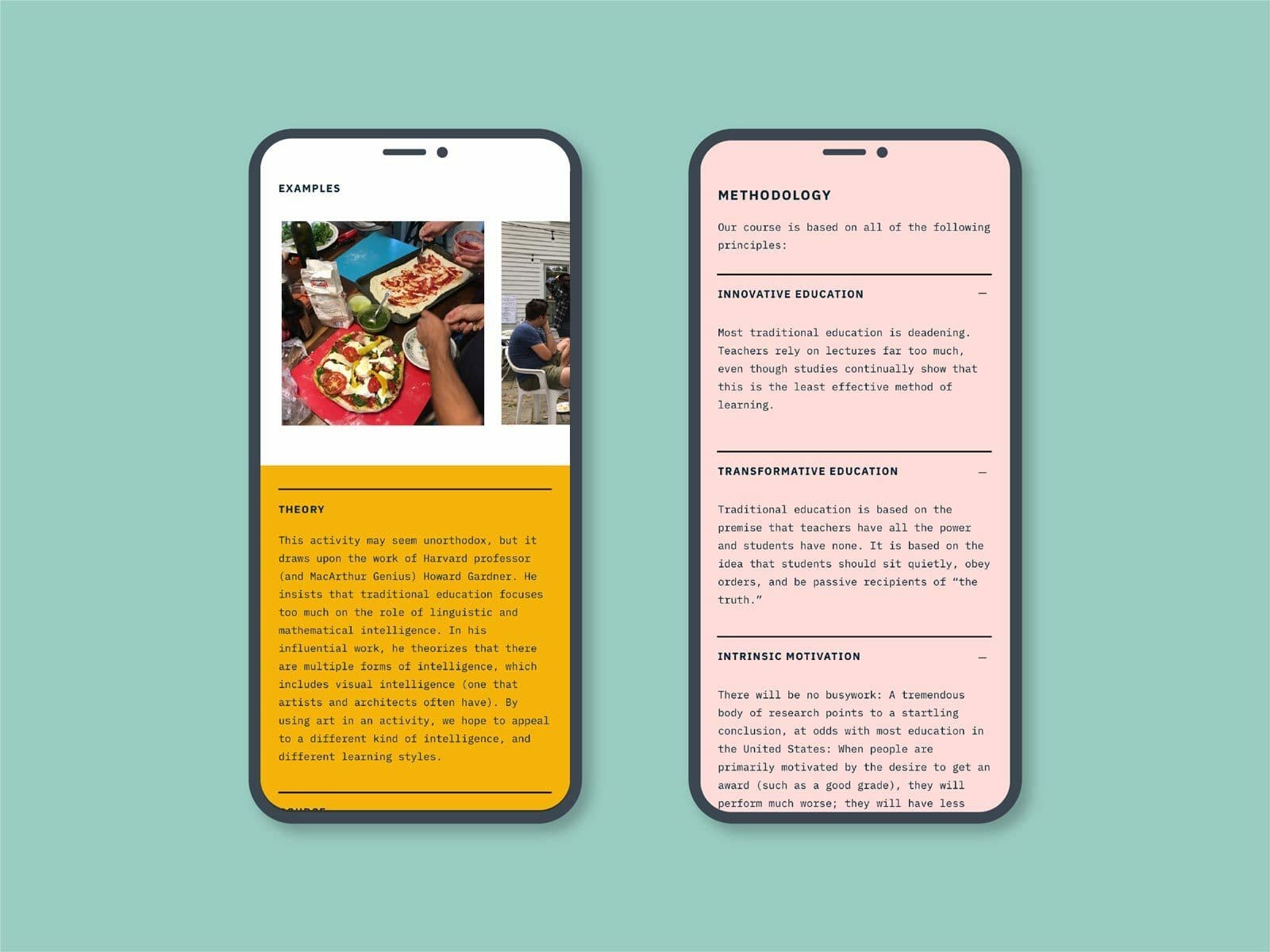 A digital illustration showing two smartphone screens. The left screen displays a webpage with a photo of food and people, labeled "Examples," and text about "Theory." The right screen shows text about educational methodology, design elements of a course, and motivation principles.