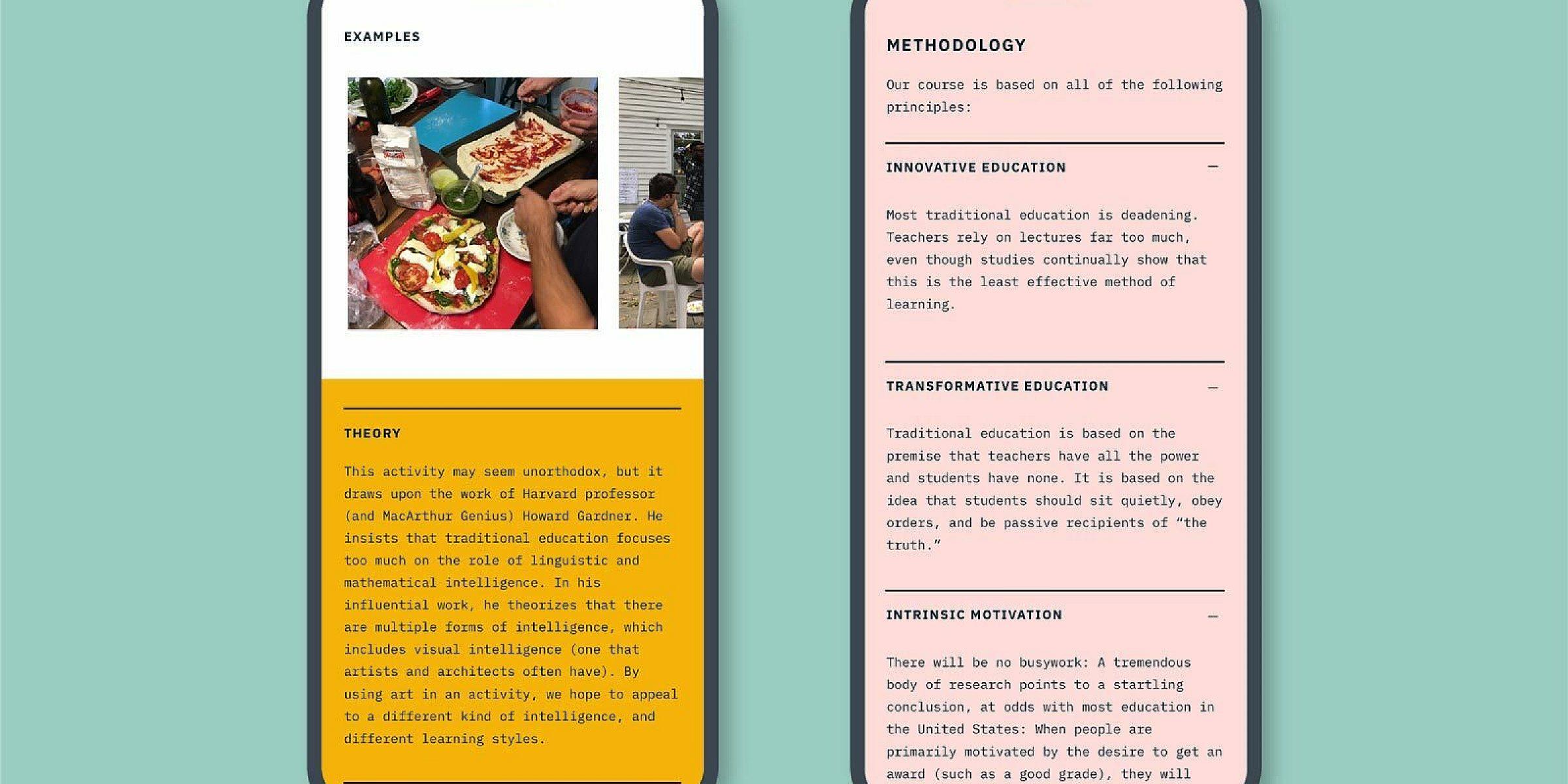 A digital illustration showing two smartphone screens. The left screen displays a webpage with a photo of food and people, labeled "Examples," and text about "Theory." The right screen shows text about educational methodology, design elements of a course, and motivation principles.