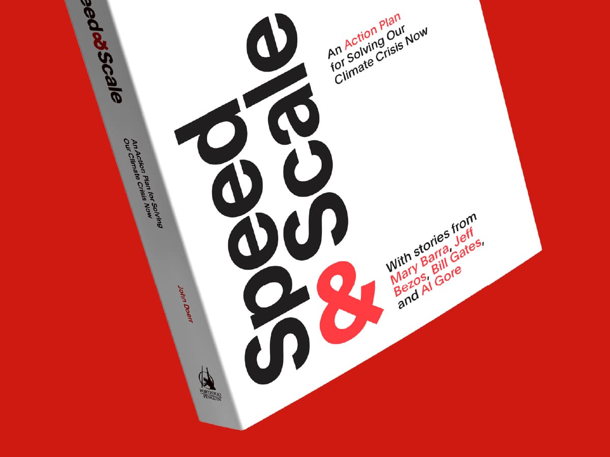 Book cover of "Speed & Scale: An Action Plan for Solving Our Climate Crisis Now." The white cover features bold black and red text. The authors' names, Mary Barra, Jeff Bezos, Bill Gates, and Al Gore, are mentioned. The background is bright red.