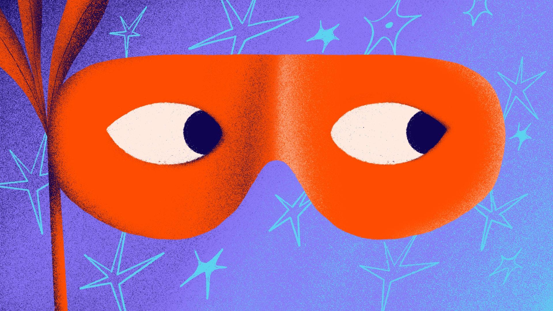 A red mask with white eyes on a blue background with abstract star shapes. The mask is prominently centered and gives an impression of a face peering through it. The background features a blend of different shades of blue, adding depth to the design.