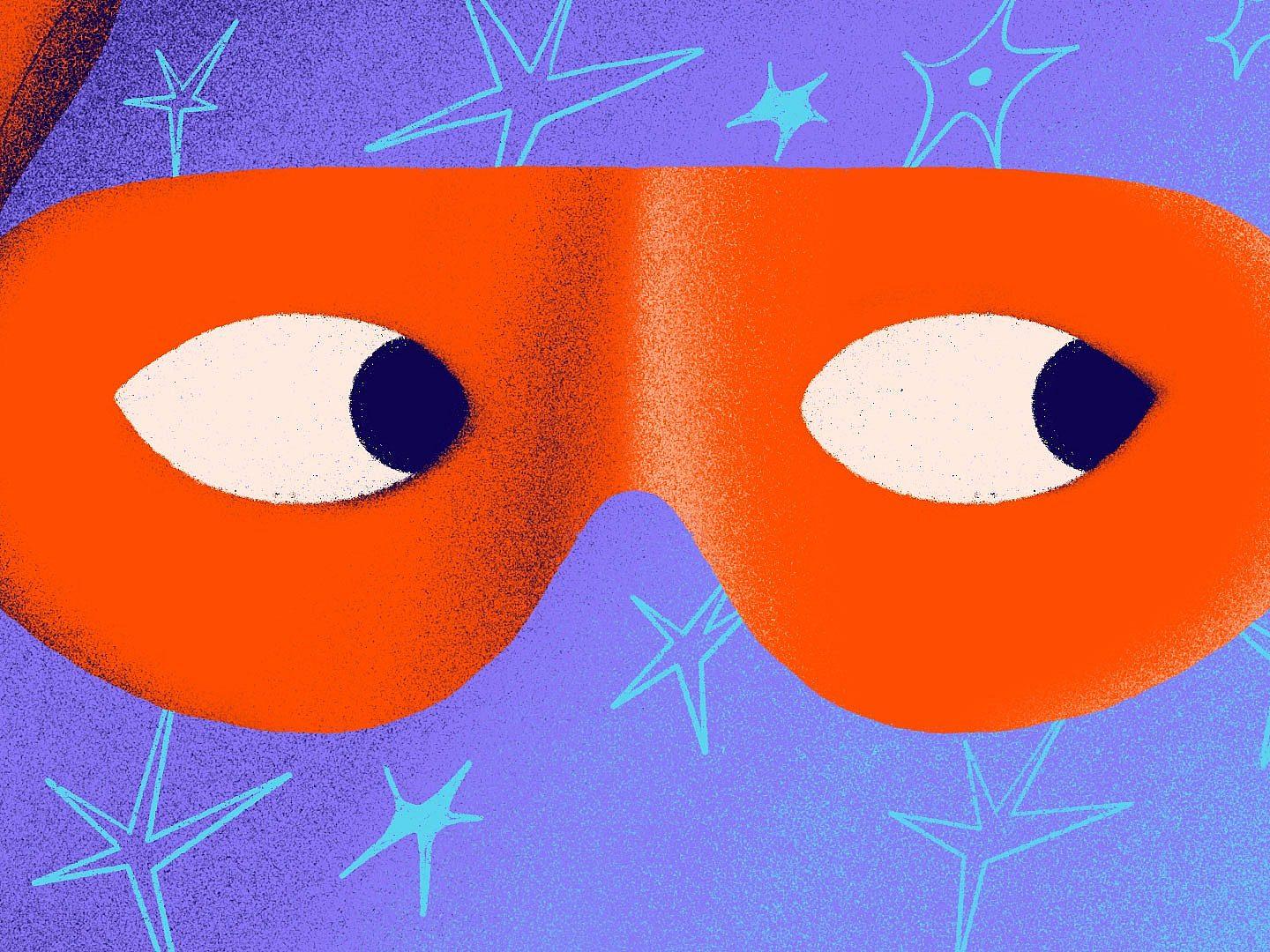 A red mask with white eyes on a blue background with abstract star shapes. The mask is prominently centered and gives an impression of a face peering through it. The background features a blend of different shades of blue, adding depth to the design.