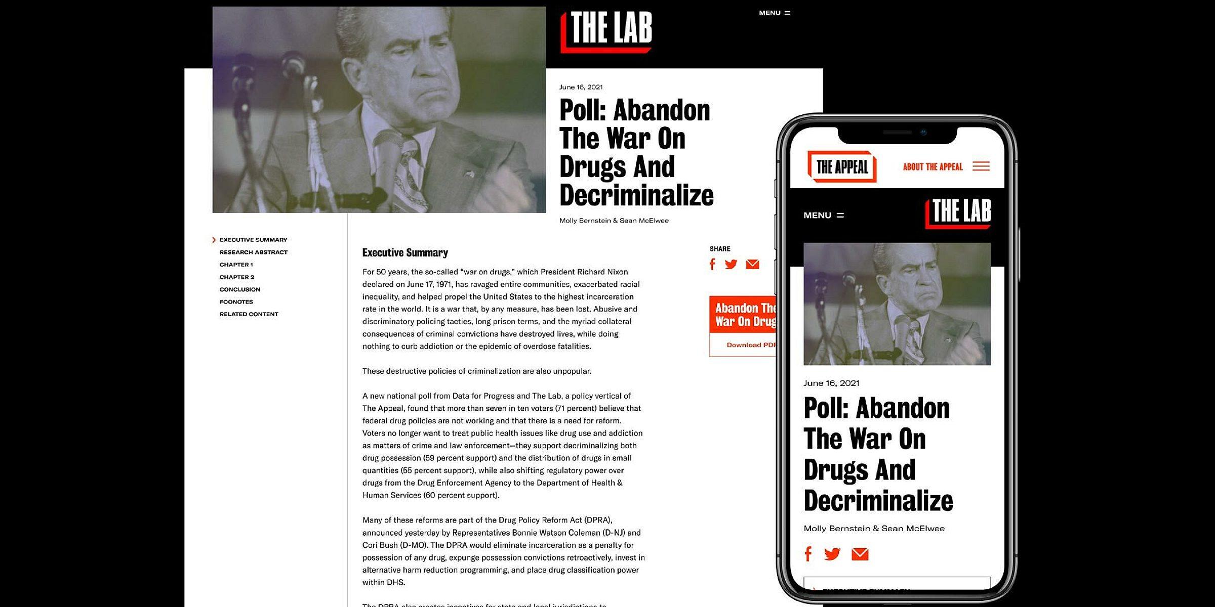 Image of The Appeal's website showing an article titled "Poll: Abandon The War On Drugs And Decriminalize". The article is displayed on both a tablet and a smartphone. The article includes an image of a man in a suit speaking into a microphone.