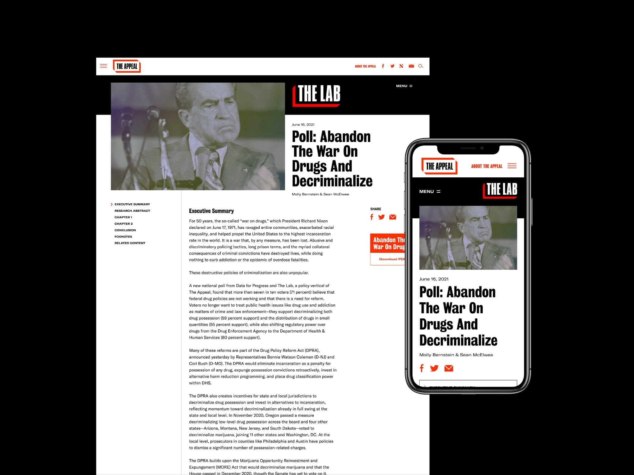 Image of The Appeal's website showing an article titled "Poll: Abandon The War On Drugs And Decriminalize". The article is displayed on both a tablet and a smartphone. The article includes an image of a man in a suit speaking into a microphone.