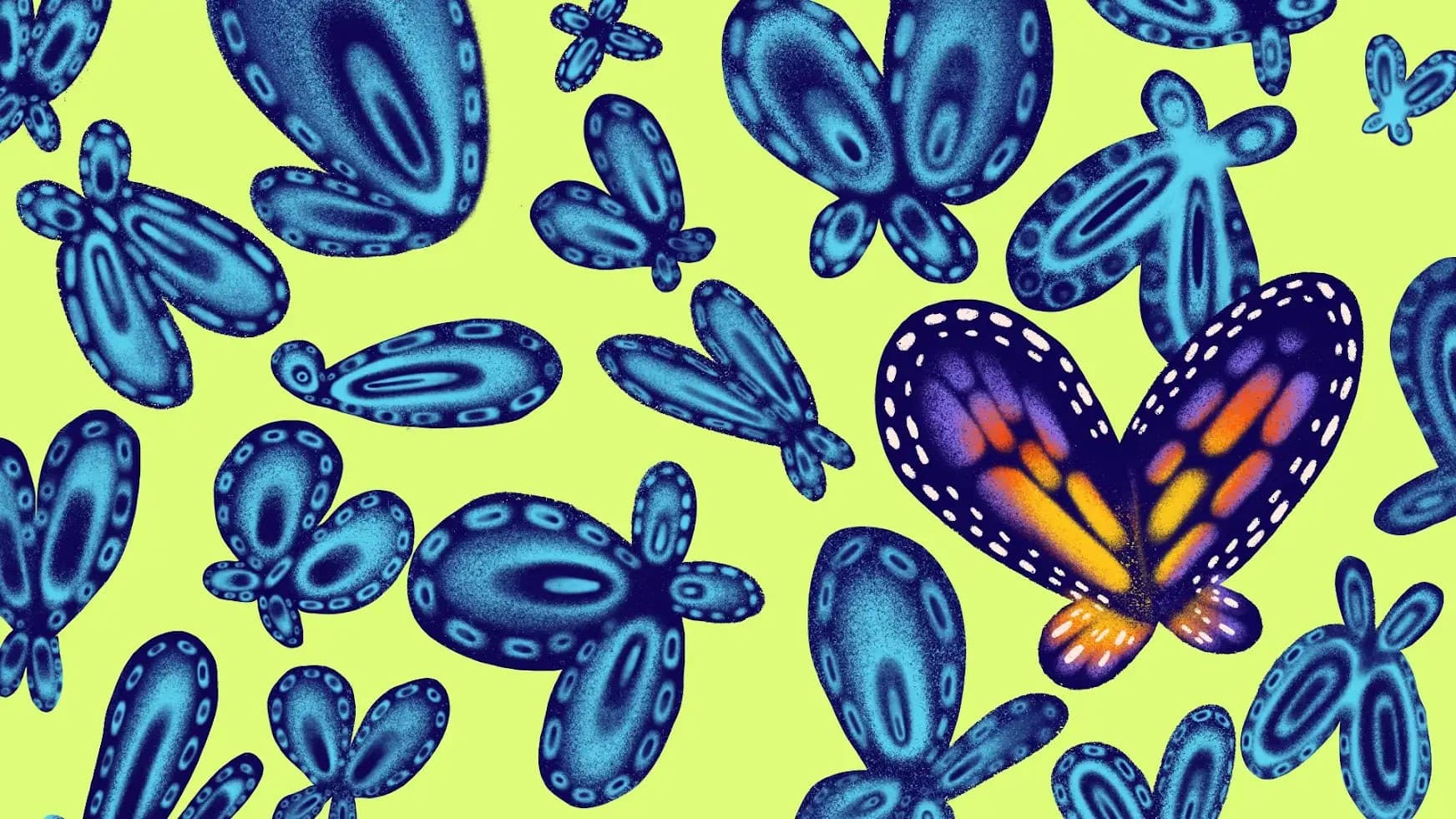 A bright and colorful image features various abstract, balloon-like shapes in shades of blue and dark purple with bold patterns. Among them is a heart-shaped figure with a vibrant yellow and orange center. The background is a light green hue.