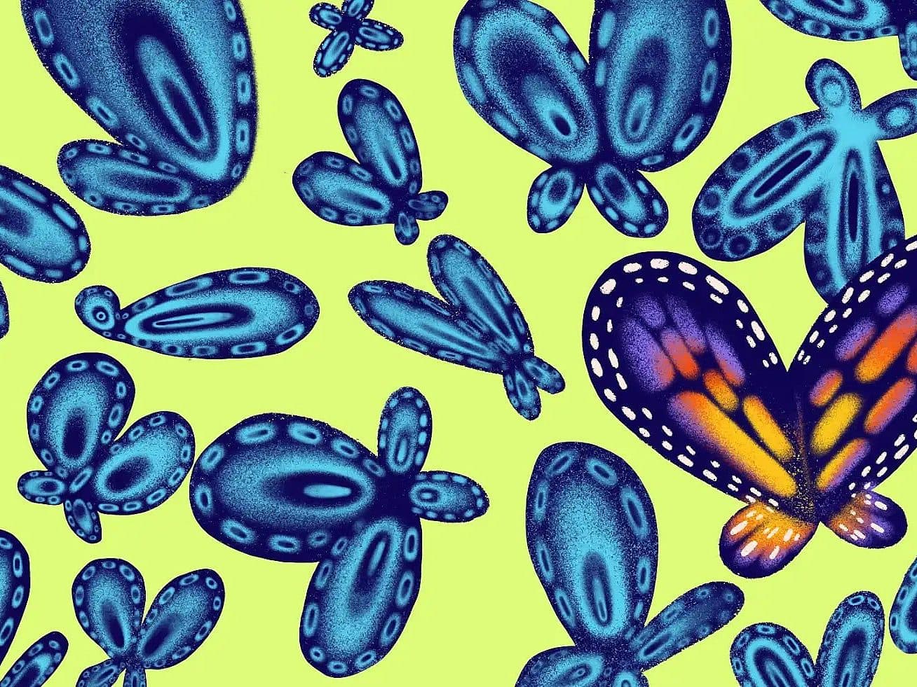 An illustration featuring a variety of abstract, blue, balloon-like butterflies with intricate patterns. One standout butterfly is heart-shaped with a vibrant gradient of blue, purple, and yellow. The background is a light green shade.