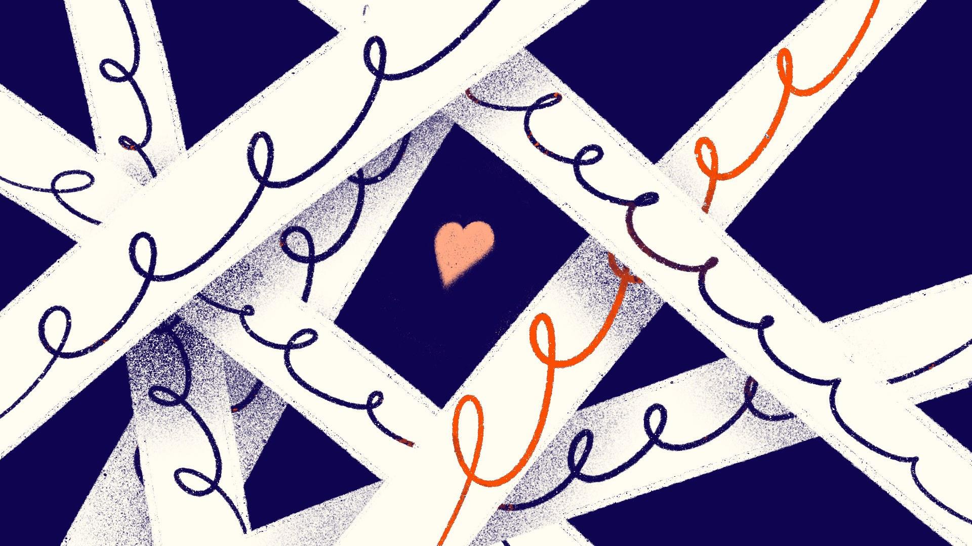 Abstract illustration featuring a small pink heart surrounded by crisscrossing white lines with blue and orange swirls against a dark navy blue background. The overall composition creates a feeling of being tangled or intertwined, with the heart appearing central and focal.