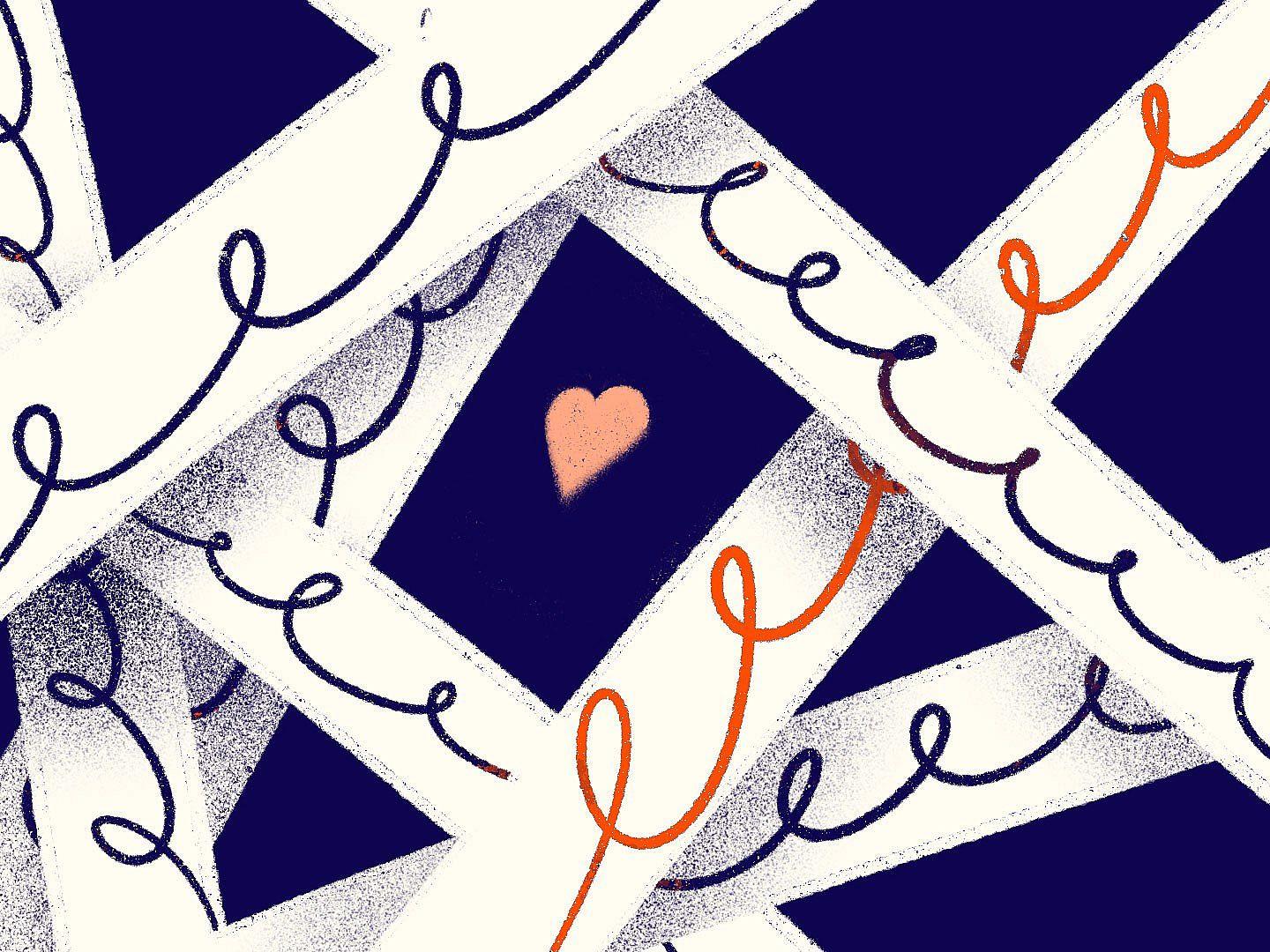 Abstract illustration featuring white ribbons with dark blue and orange curly lines on a dark blue background. A small, light pink heart is at the center of the overlapping ribbons.