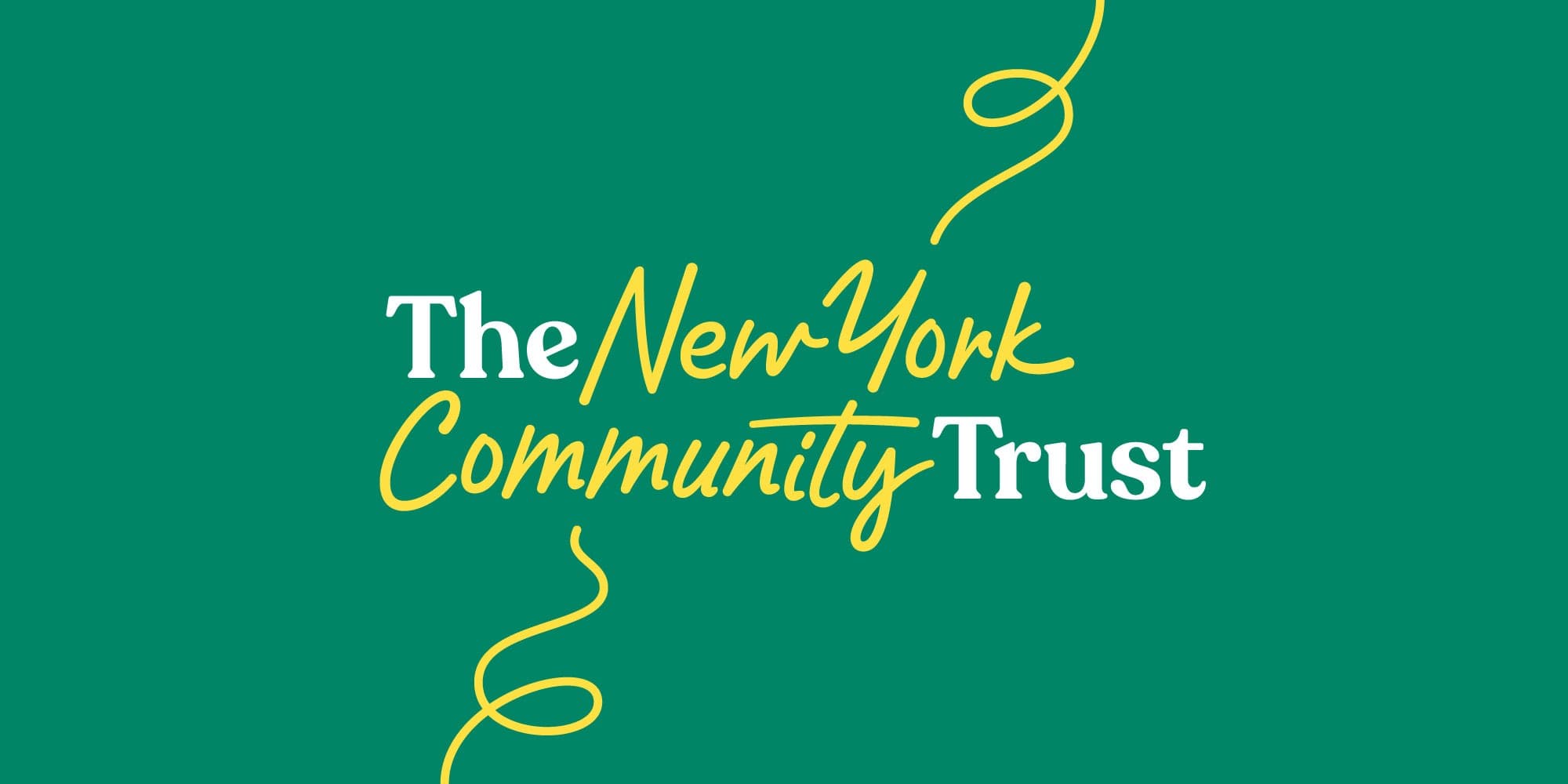 A green background with the words "The New York Community Trust" written in white and yellow cursive. Yellow stripes curl around the text, adding a decorative element.