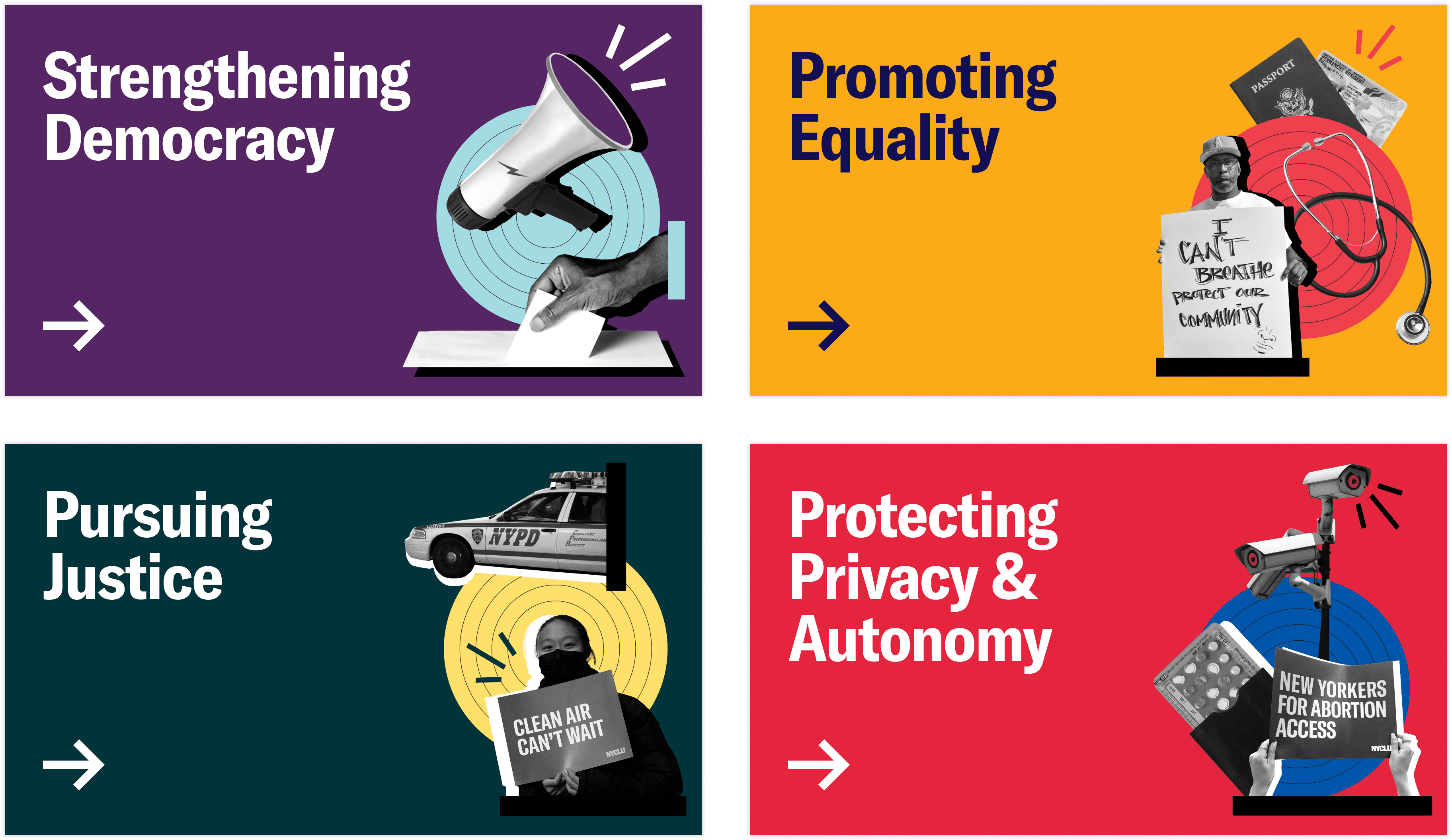 A set of four colorful panels, each with an illustrated theme. Top left: "Strengthening Democracy" with a megaphone and ballot. Top right: "Promoting Equality" with protest signs. Bottom left: "Pursuing Justice" with a police car and mask. Bottom right: "Protecting Privacy & Autonomy" with surveillance cameras and protester.