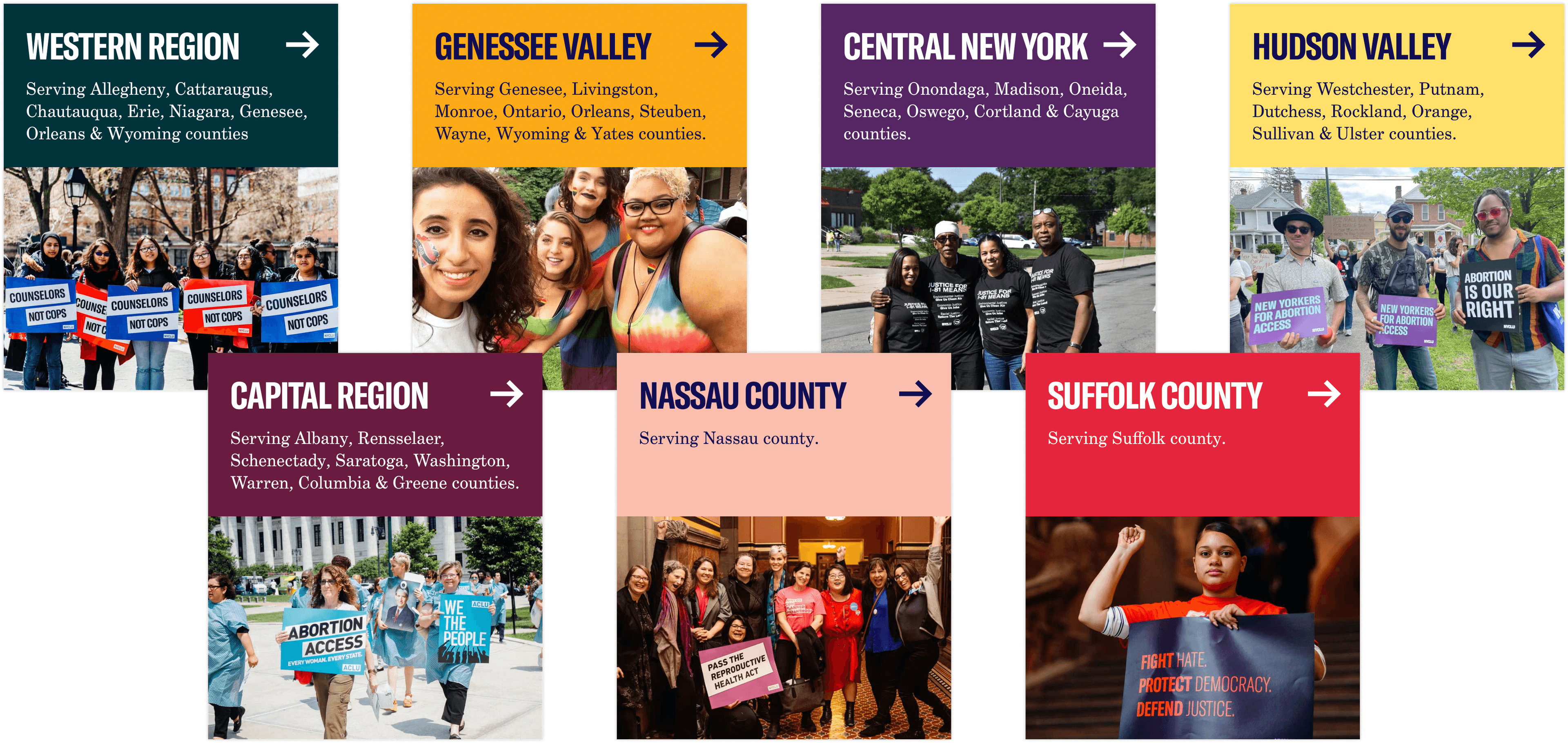 A collage of images showing diverse groups of people holding signs related to abortion access and women's rights. Each section is labeled with different regions in New York State including Western Region, Genesee Valley, Central New York, Hudson Valley, Capital Region, Nassau County, and Suffolk County.